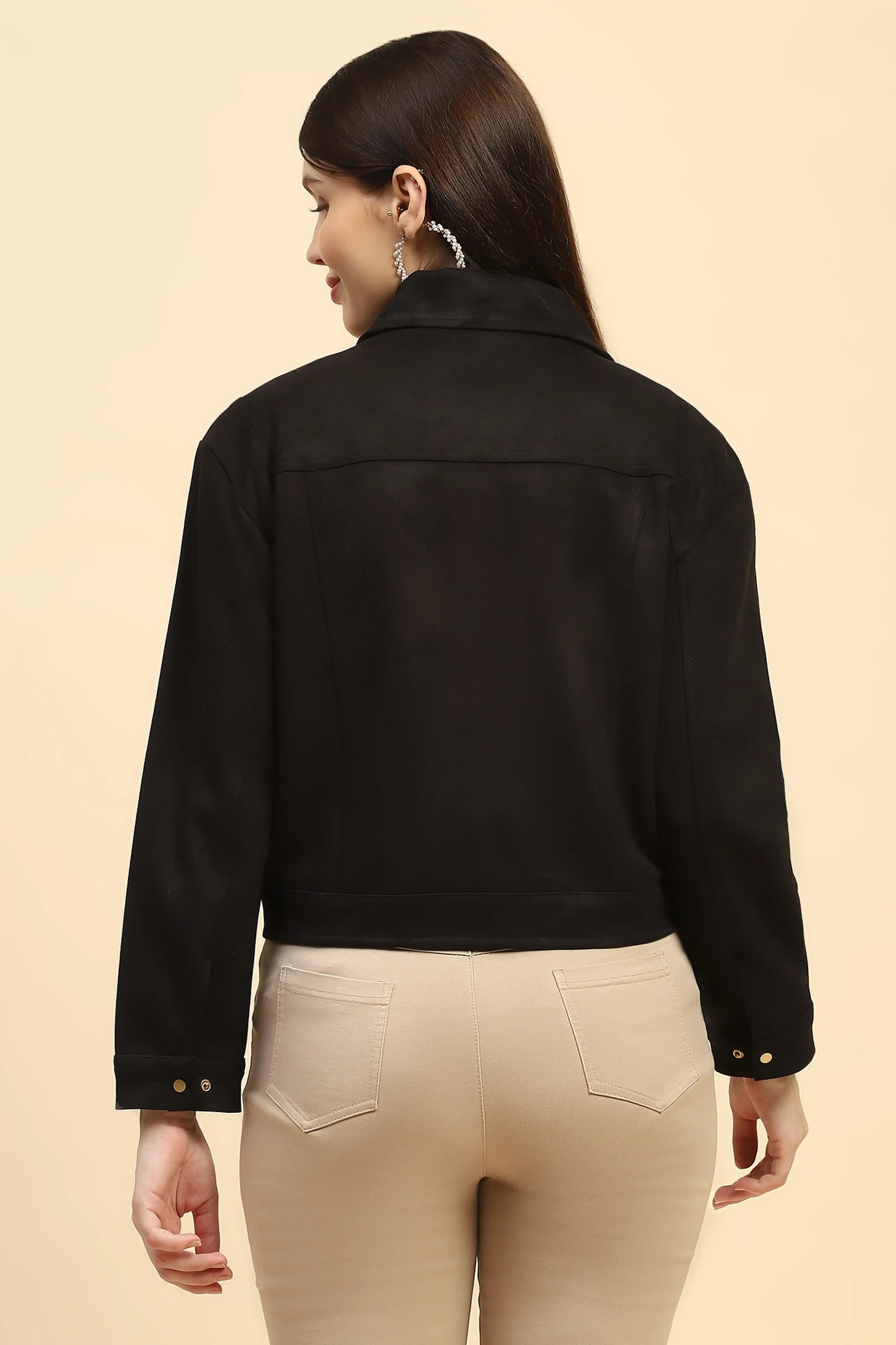 Black Solid Suede Relaxed Fit Jacket