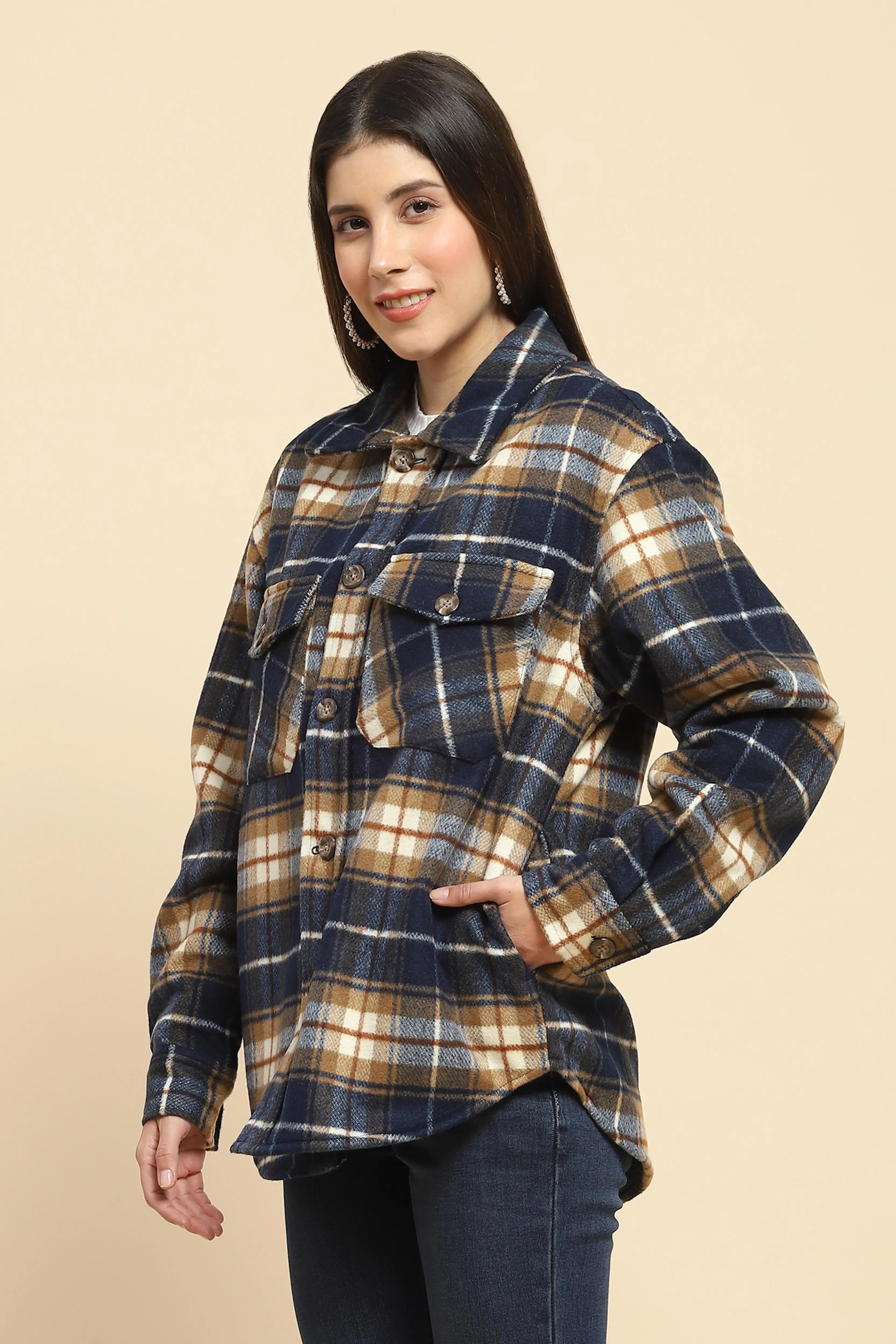 Navy Checks Oversized Winter Shacket - Global Republic