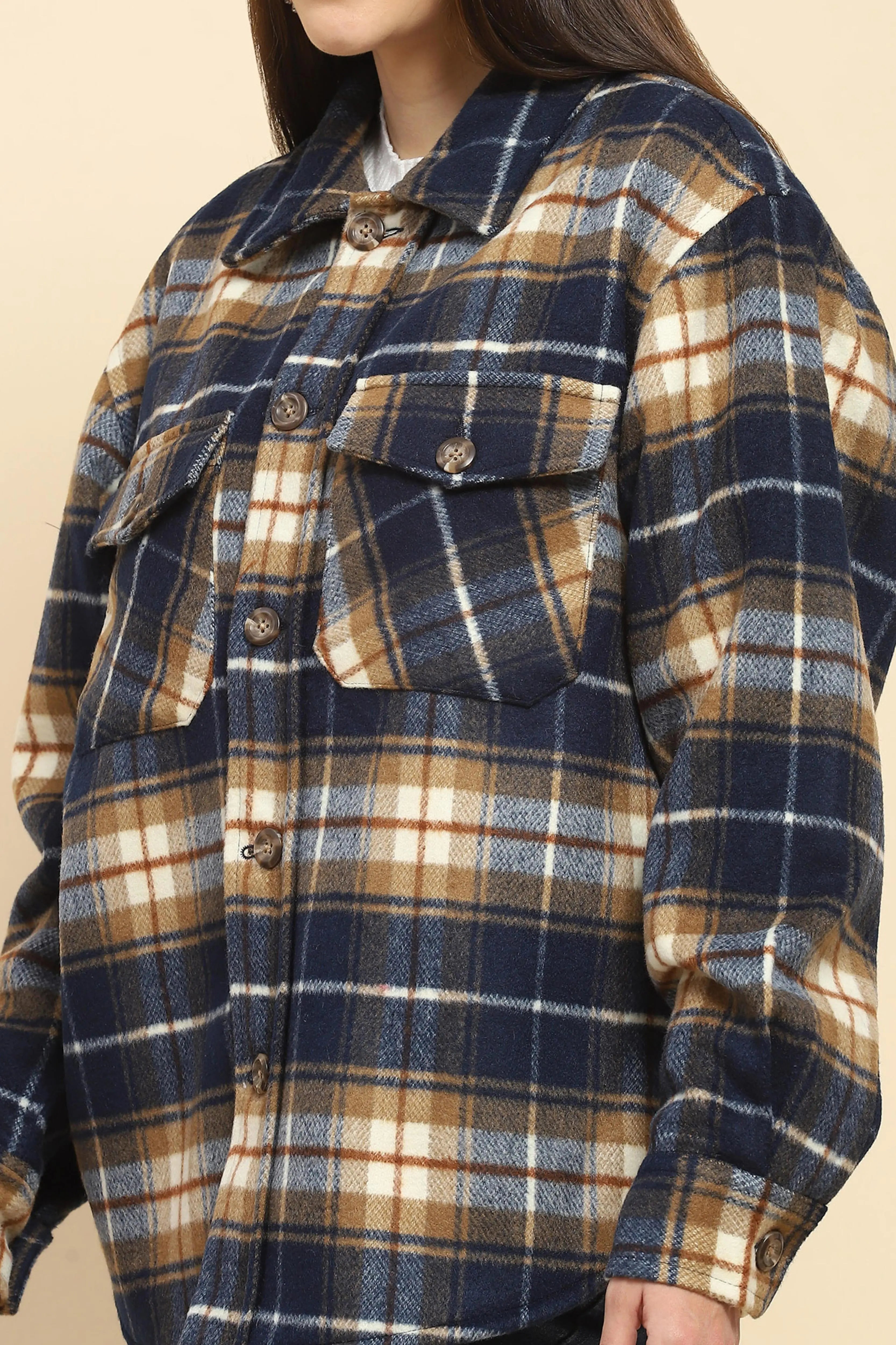 Navy Checks Oversized Winter Shacket - Global Republic