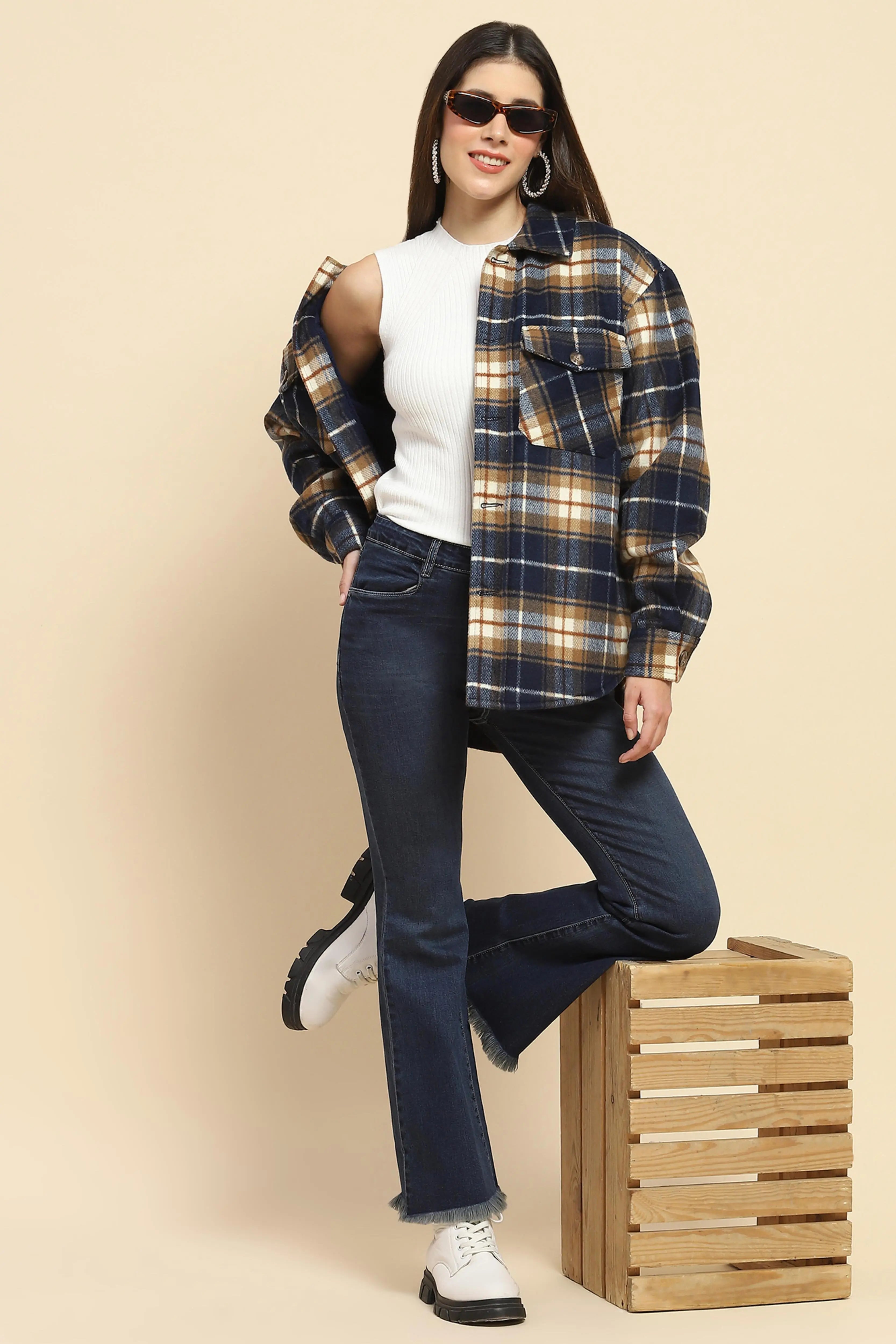 Navy Checks Oversized Winter Shacket - Global Republic