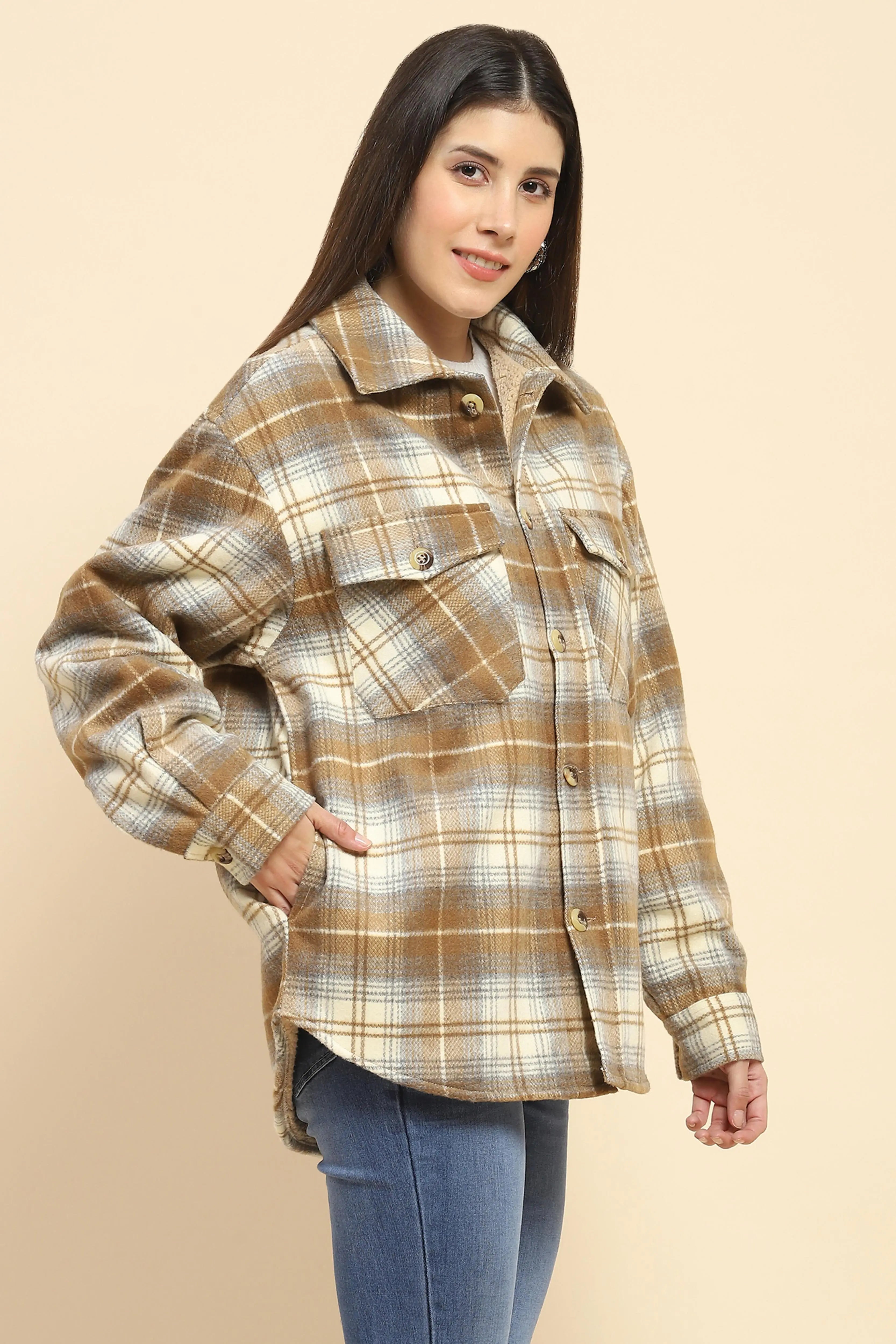 Brown Checks Oversized Winter Shacket - Global Republic