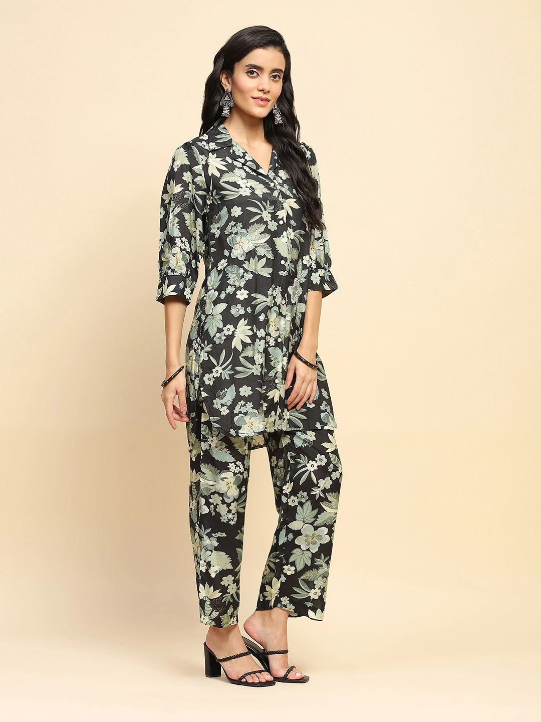 Black Muslin Regular Fit Long Tunic Sets  For Women - Global Republic