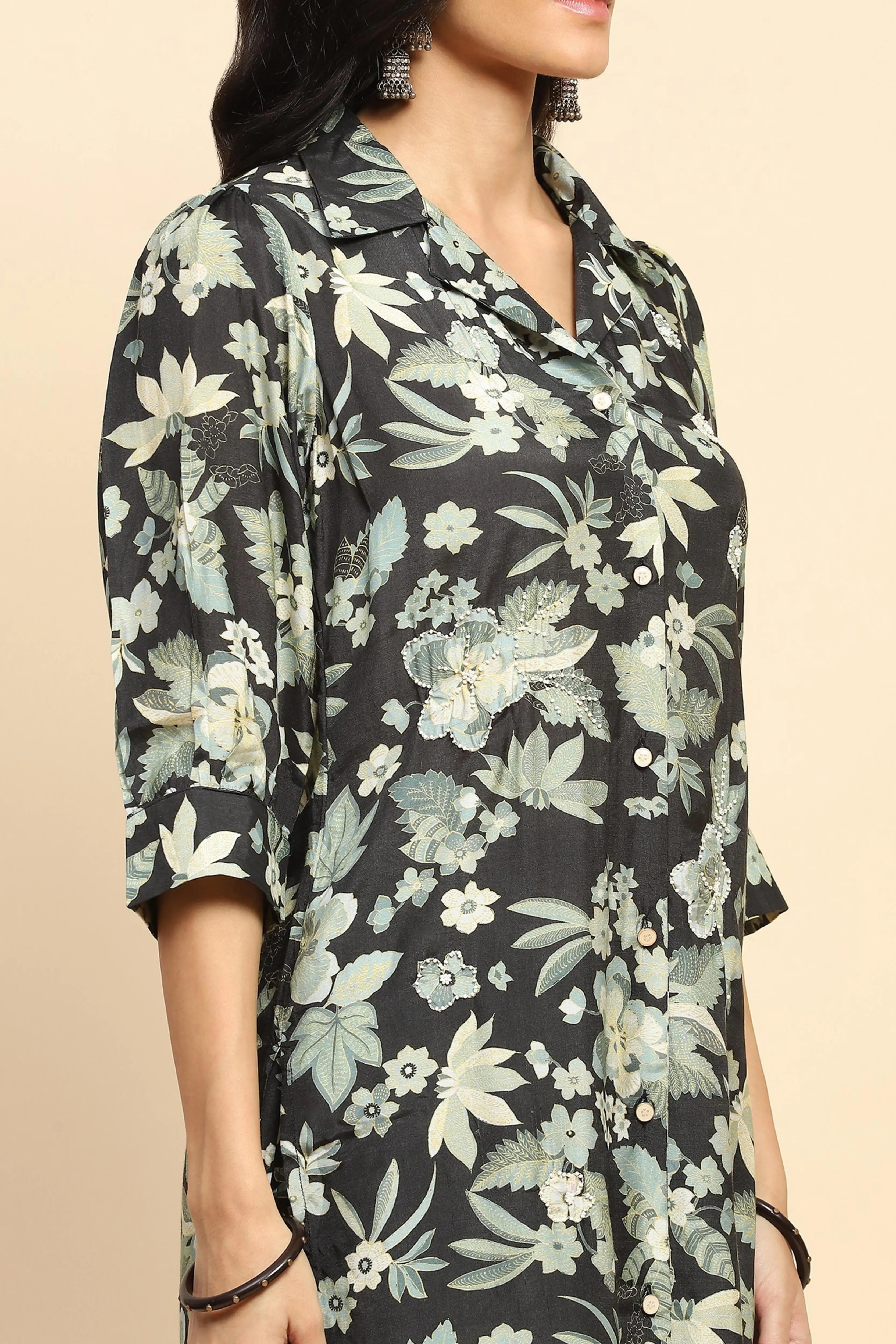 Black Muslin Regular Fit Long Tunic Sets  For Women - Global Republic