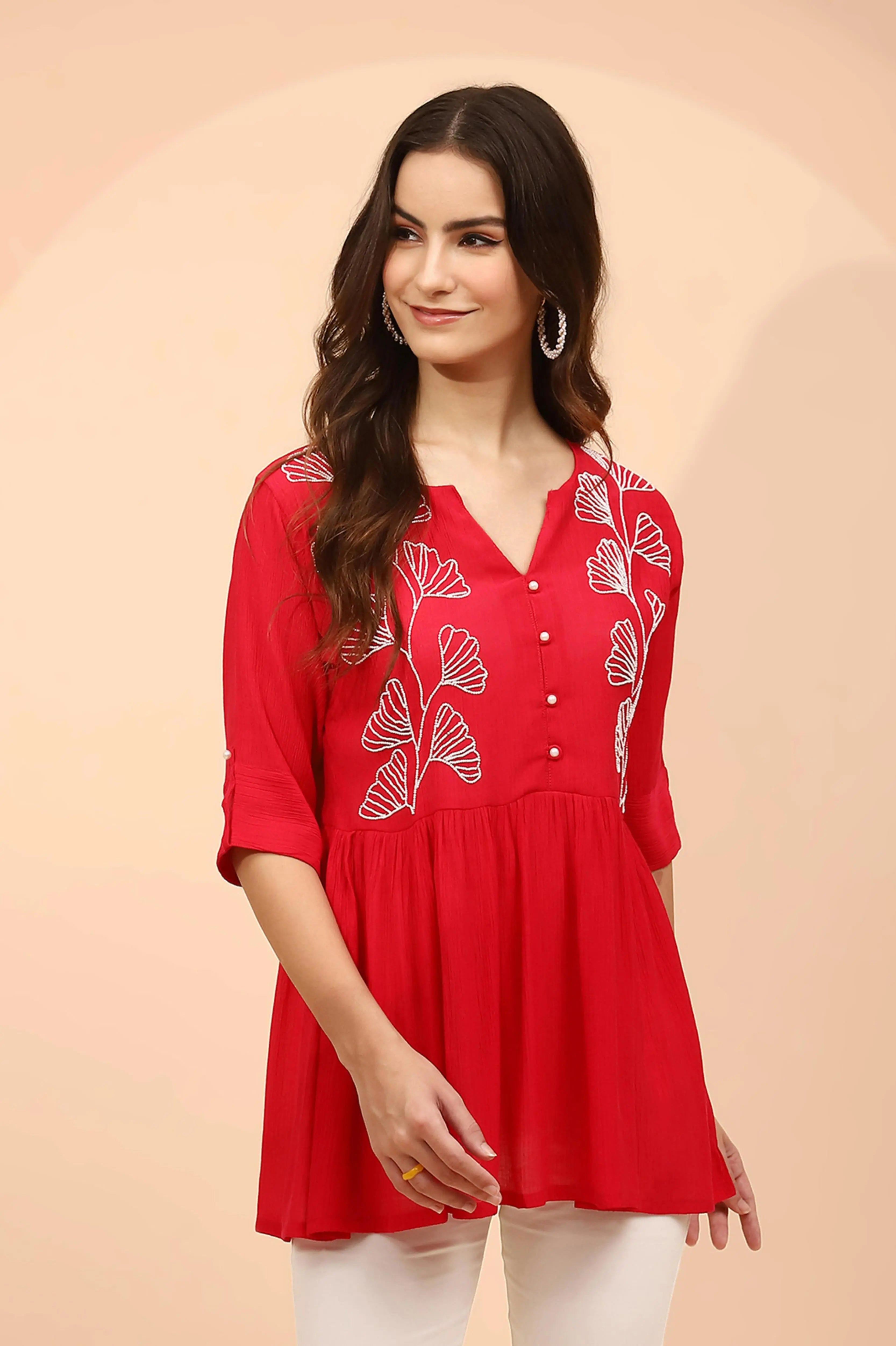Dark Pink Embellished Rayon Tunic - Global Republic