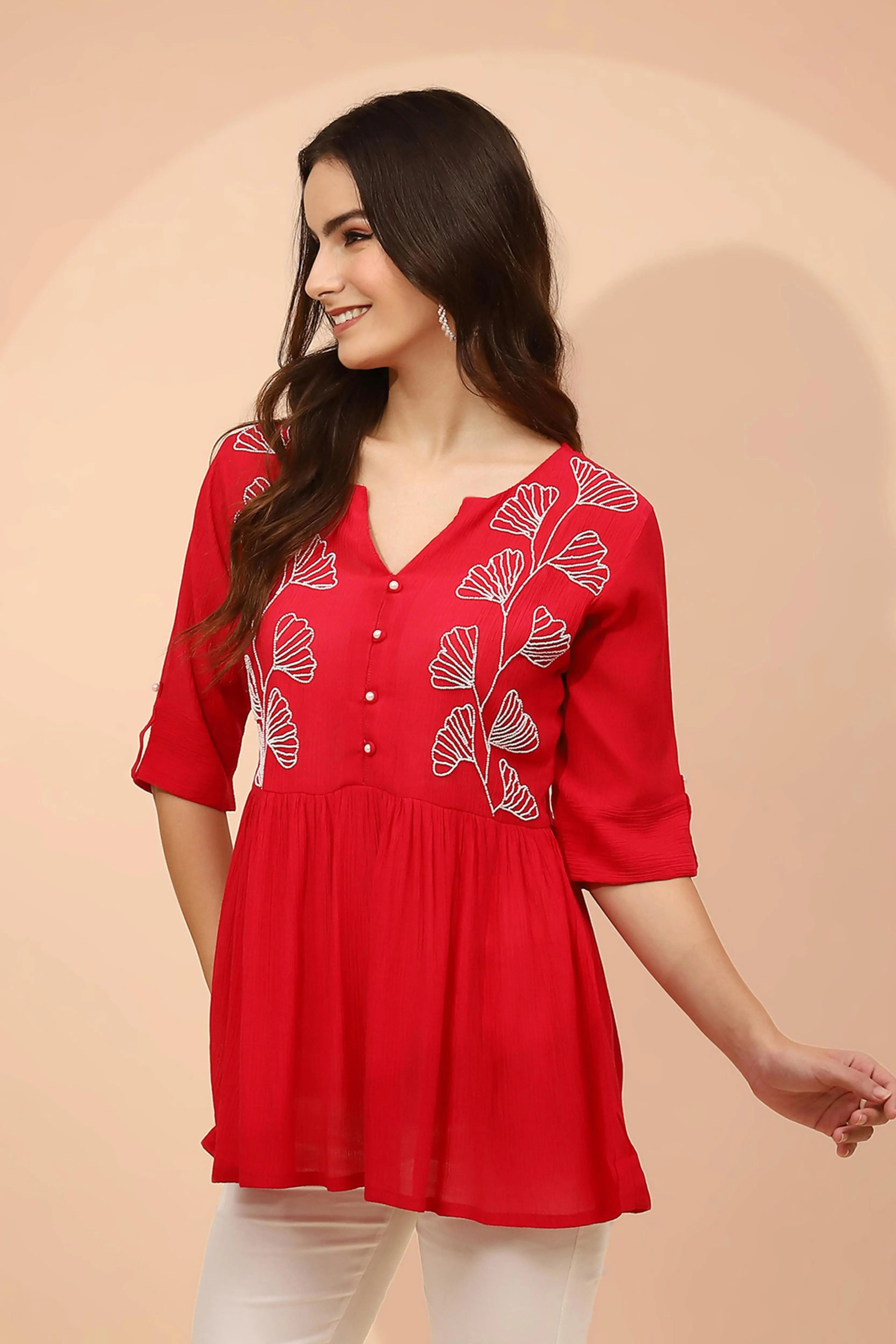 Dark Pink Embellished Rayon Tunic - Global Republic