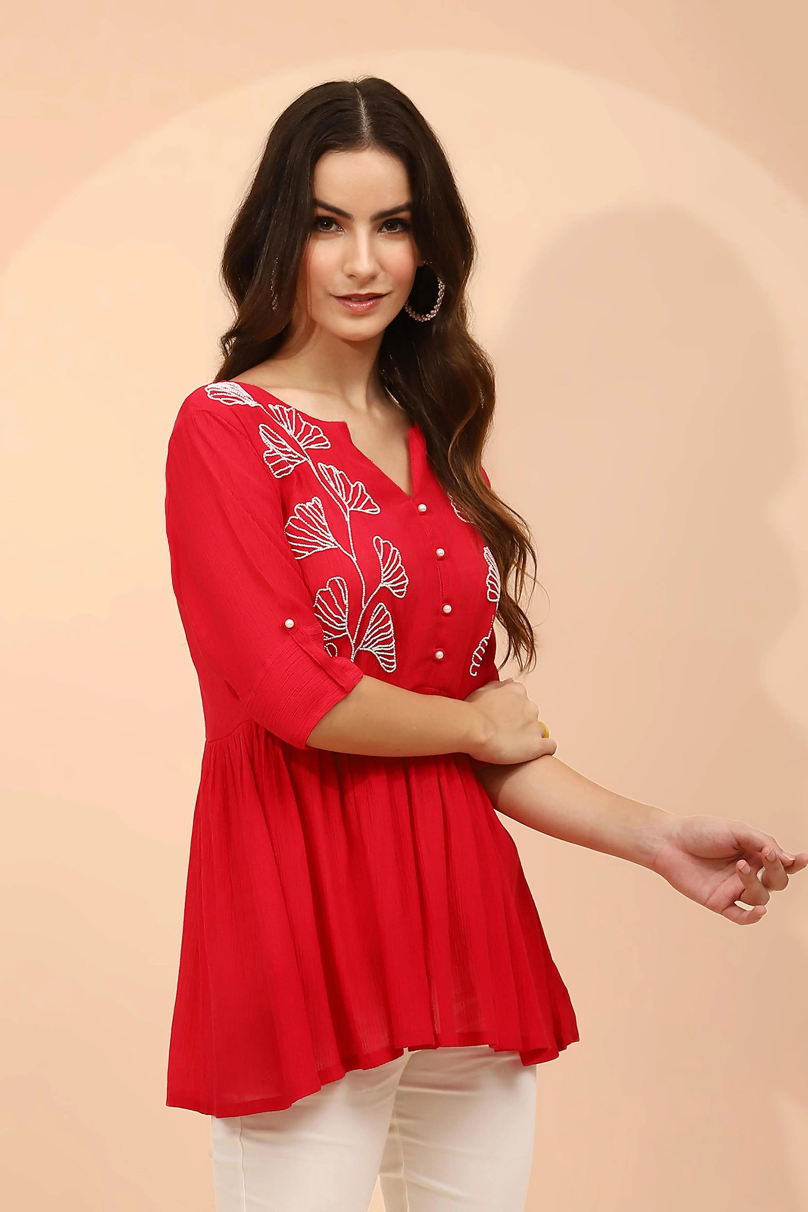 Dark Pink Embellished Rayon Tunic - Global Republic
