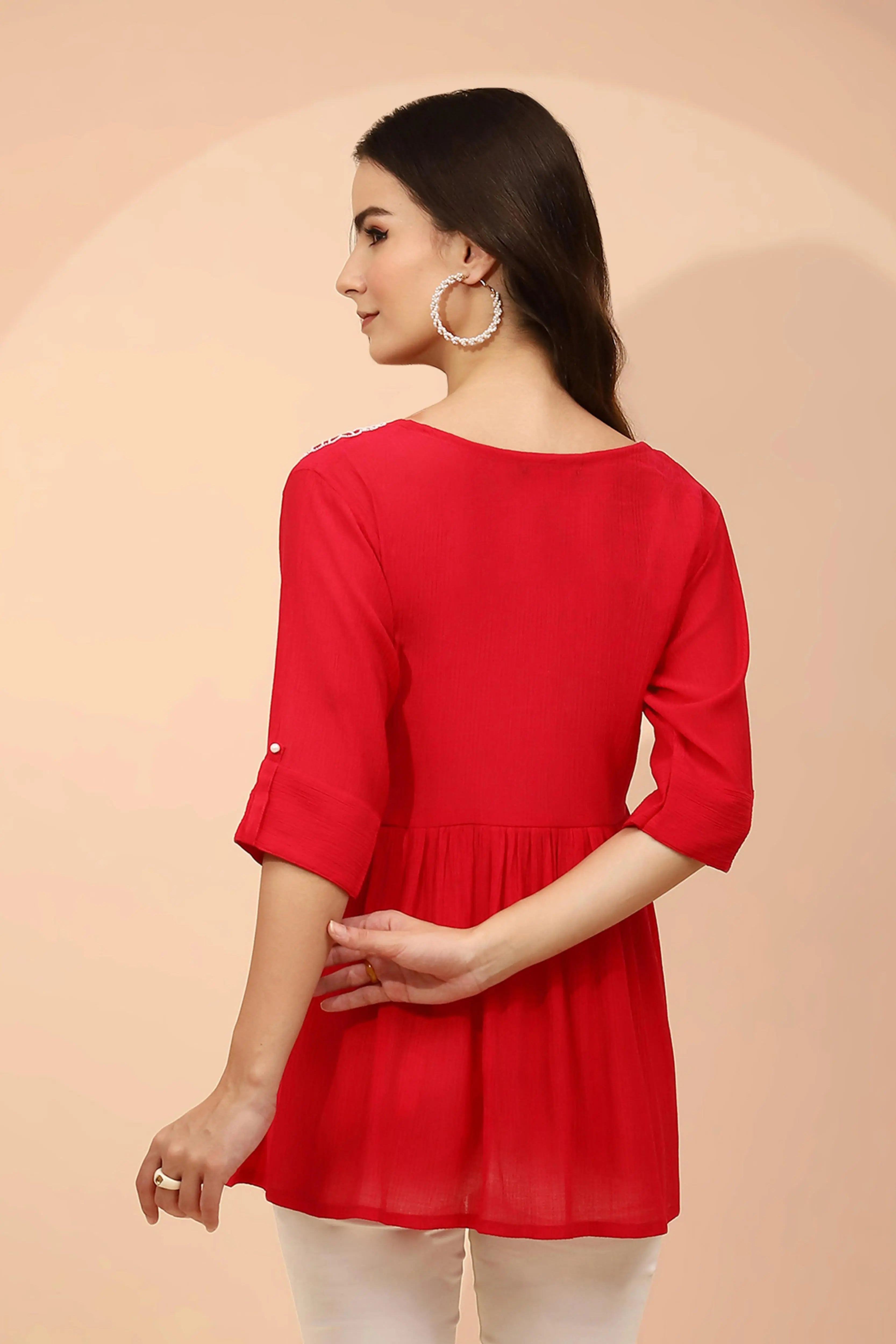 Dark Pink Embellished Rayon Tunic - Global Republic