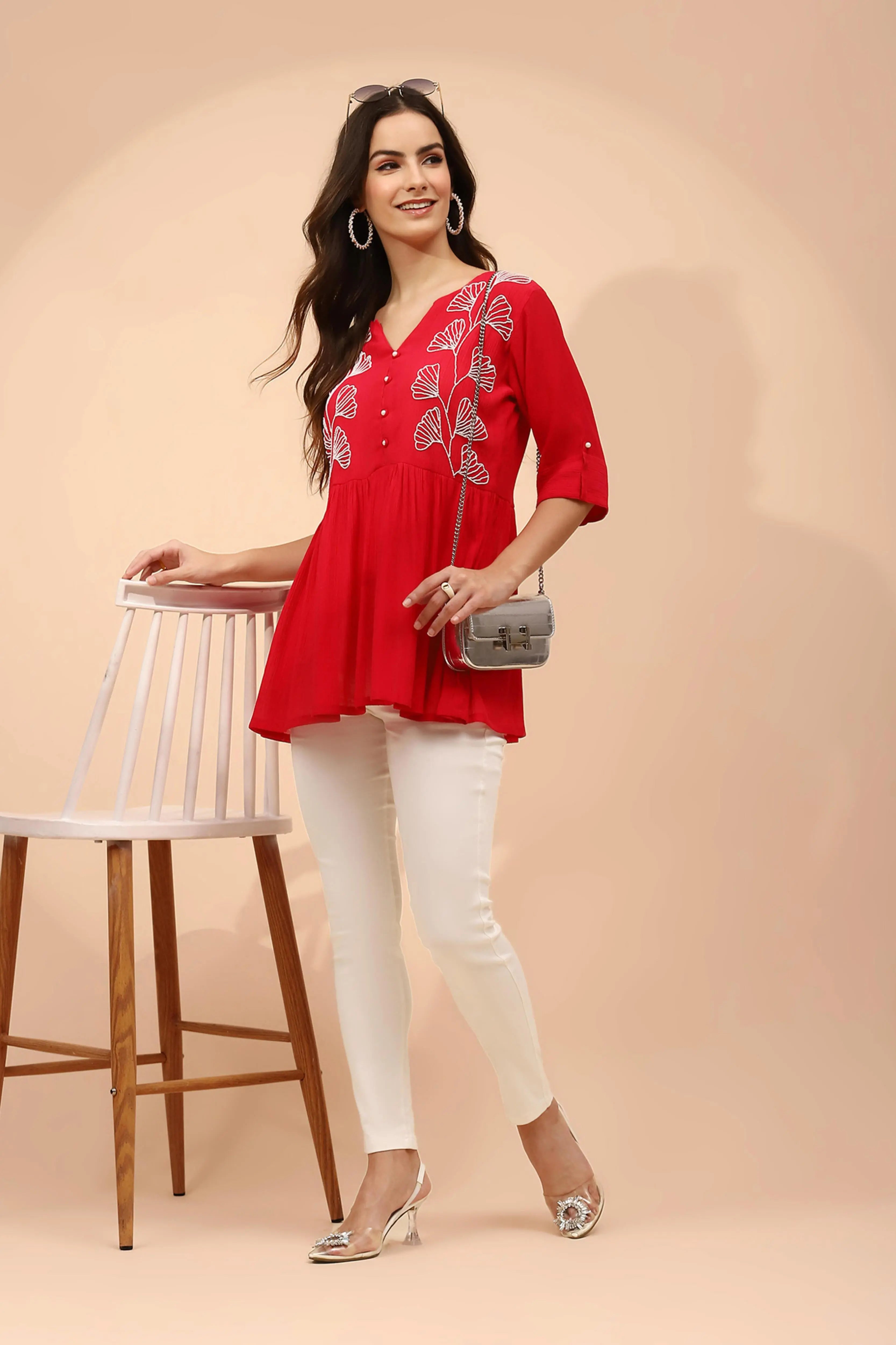 Dark Pink Embellished Rayon Tunic - Global Republic