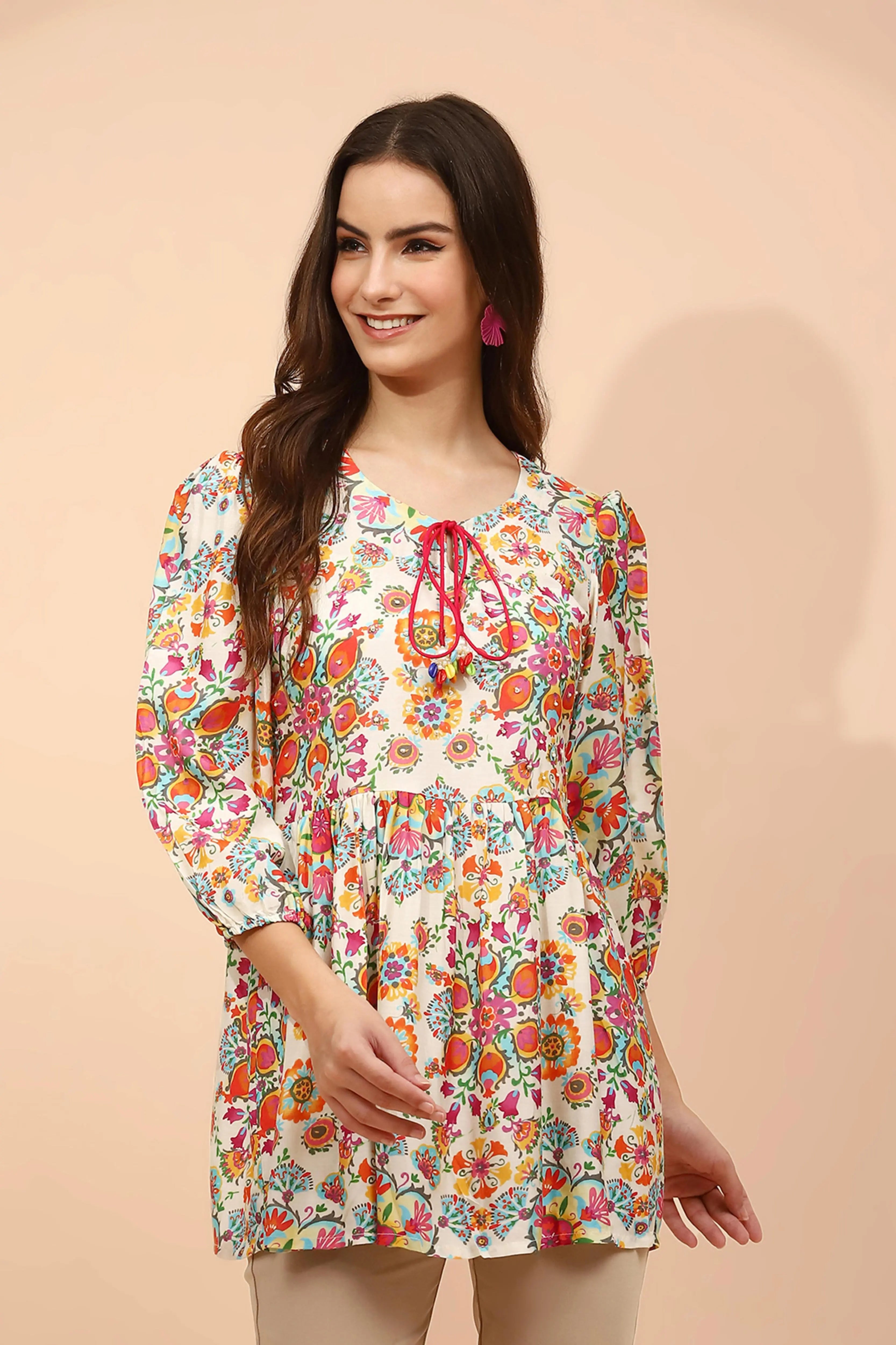 Multicolor Floral Printed Muslin Tunic - Global Republic
