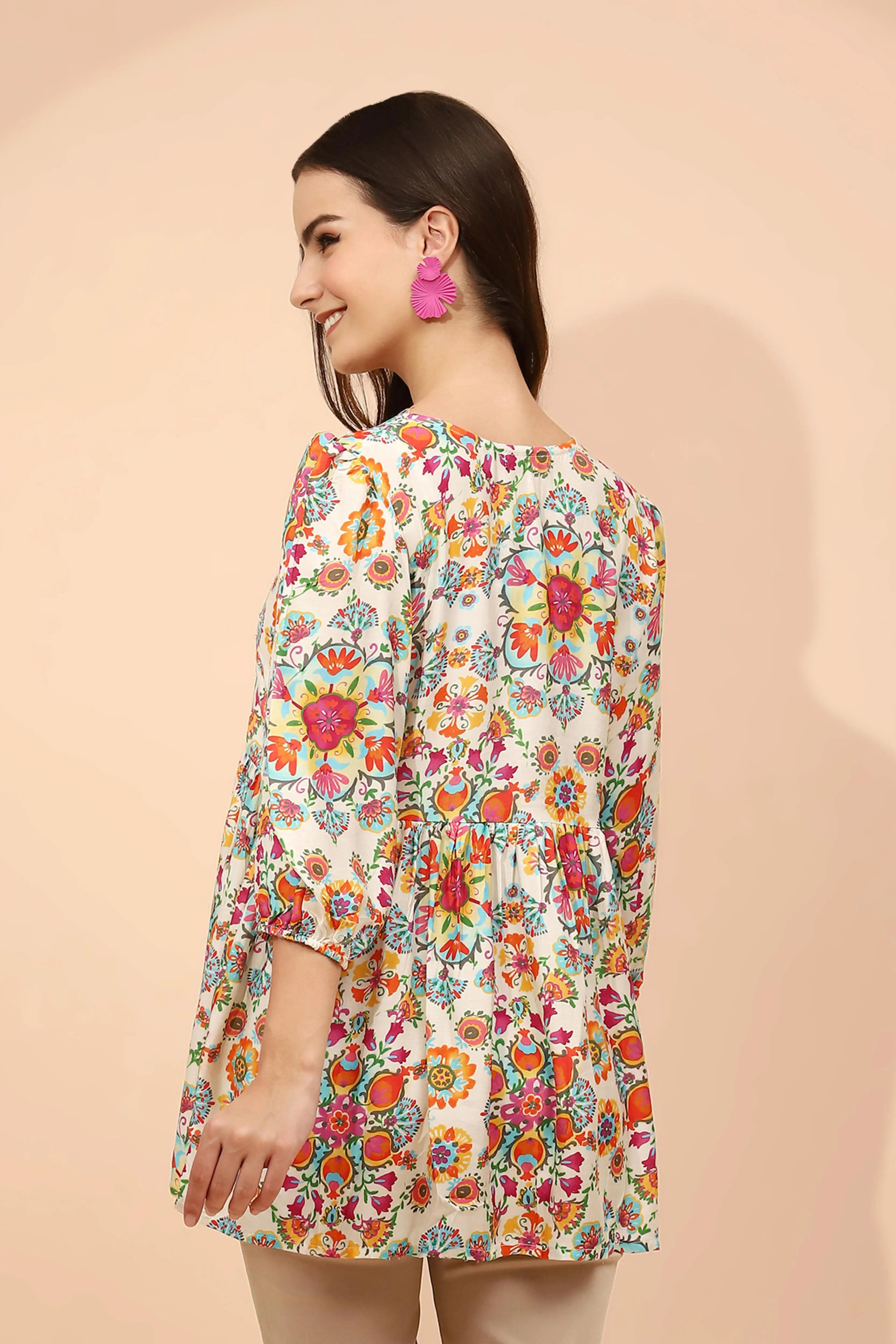 Multicolor Floral Printed Muslin Tunic - Global Republic