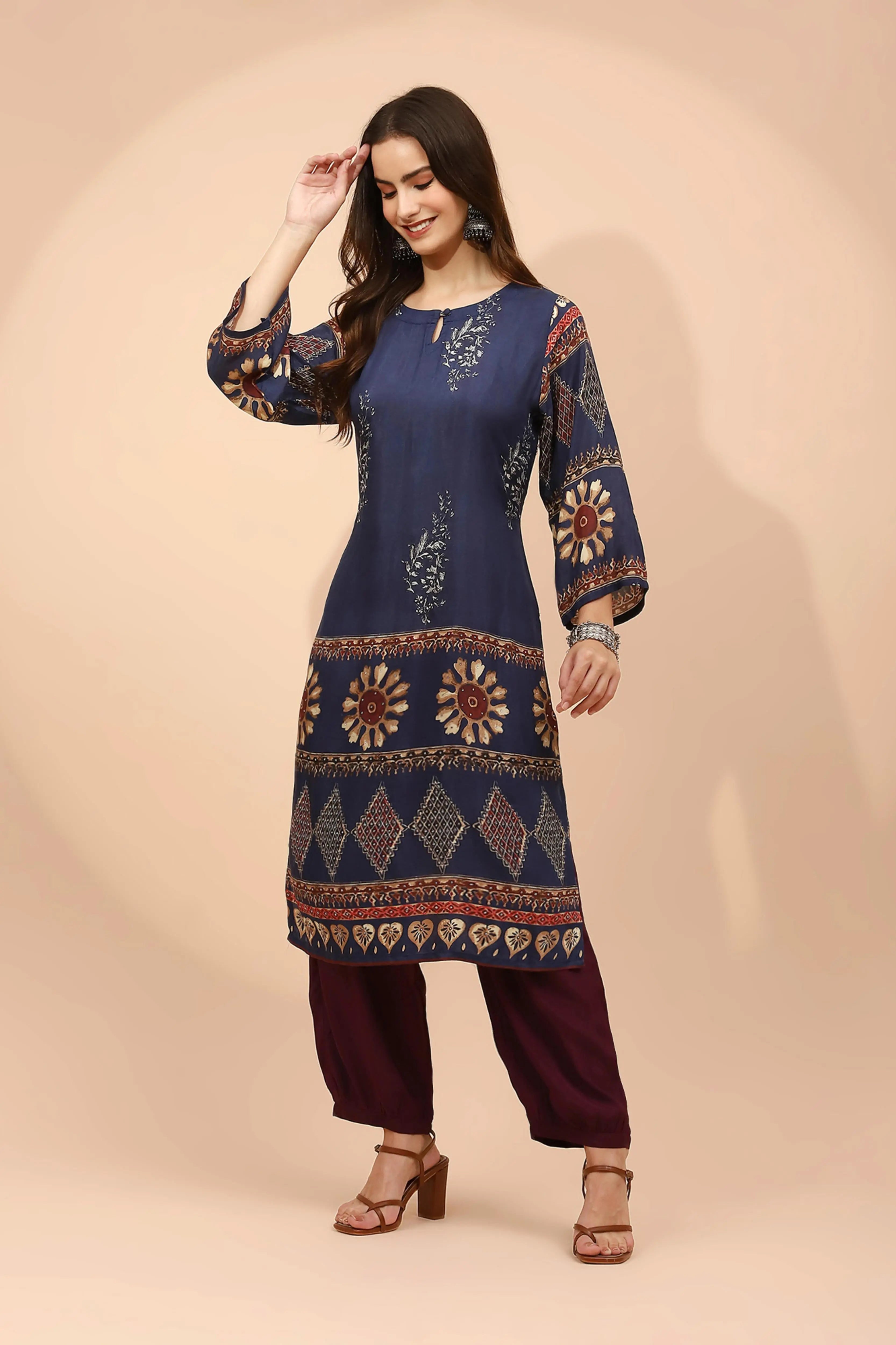 Navy Blue Muslin Regular Fit Long Tunic Set For Women - Global Republic