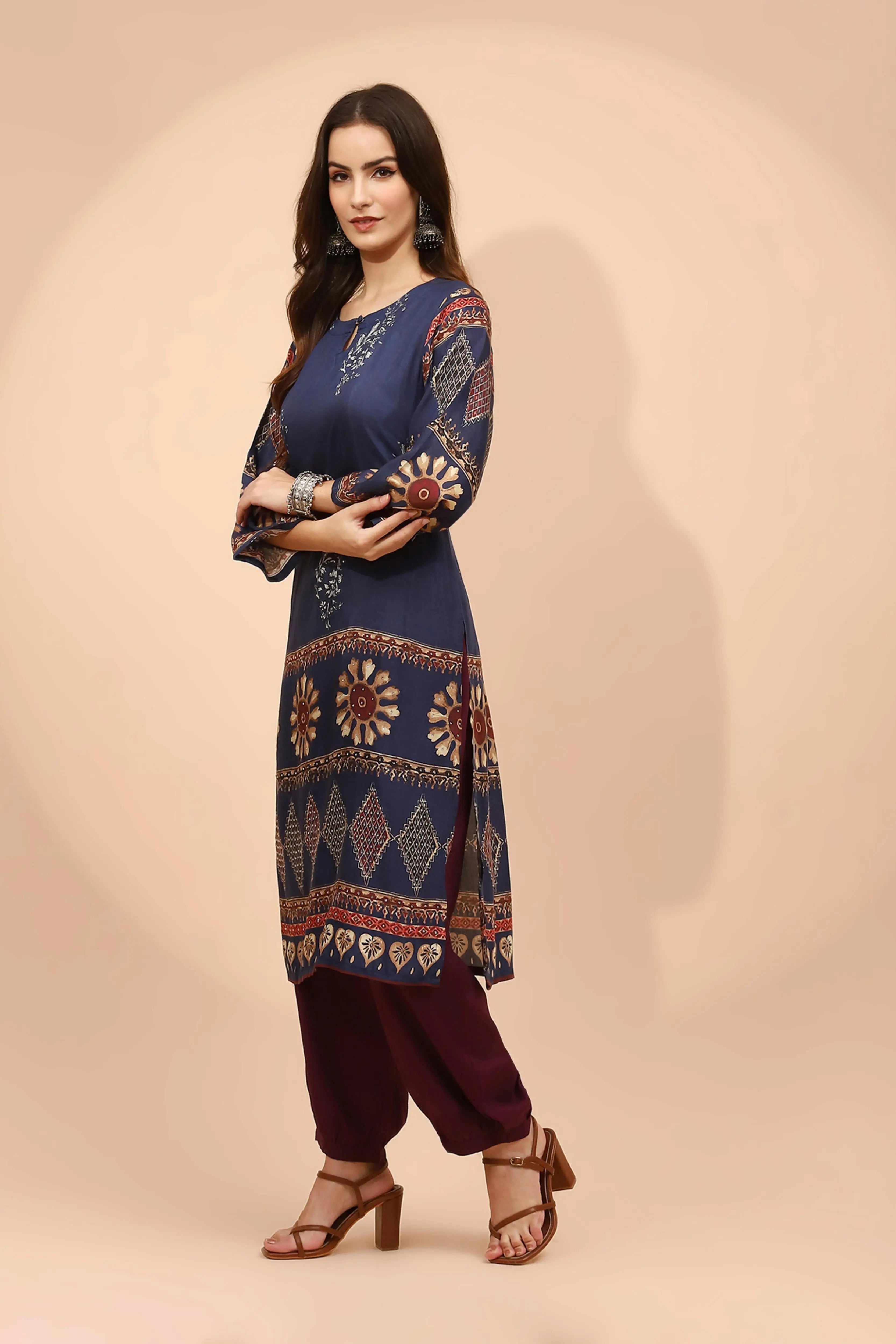 Navy Blue Muslin Regular Fit Long Tunic Set For Women - Global Republic