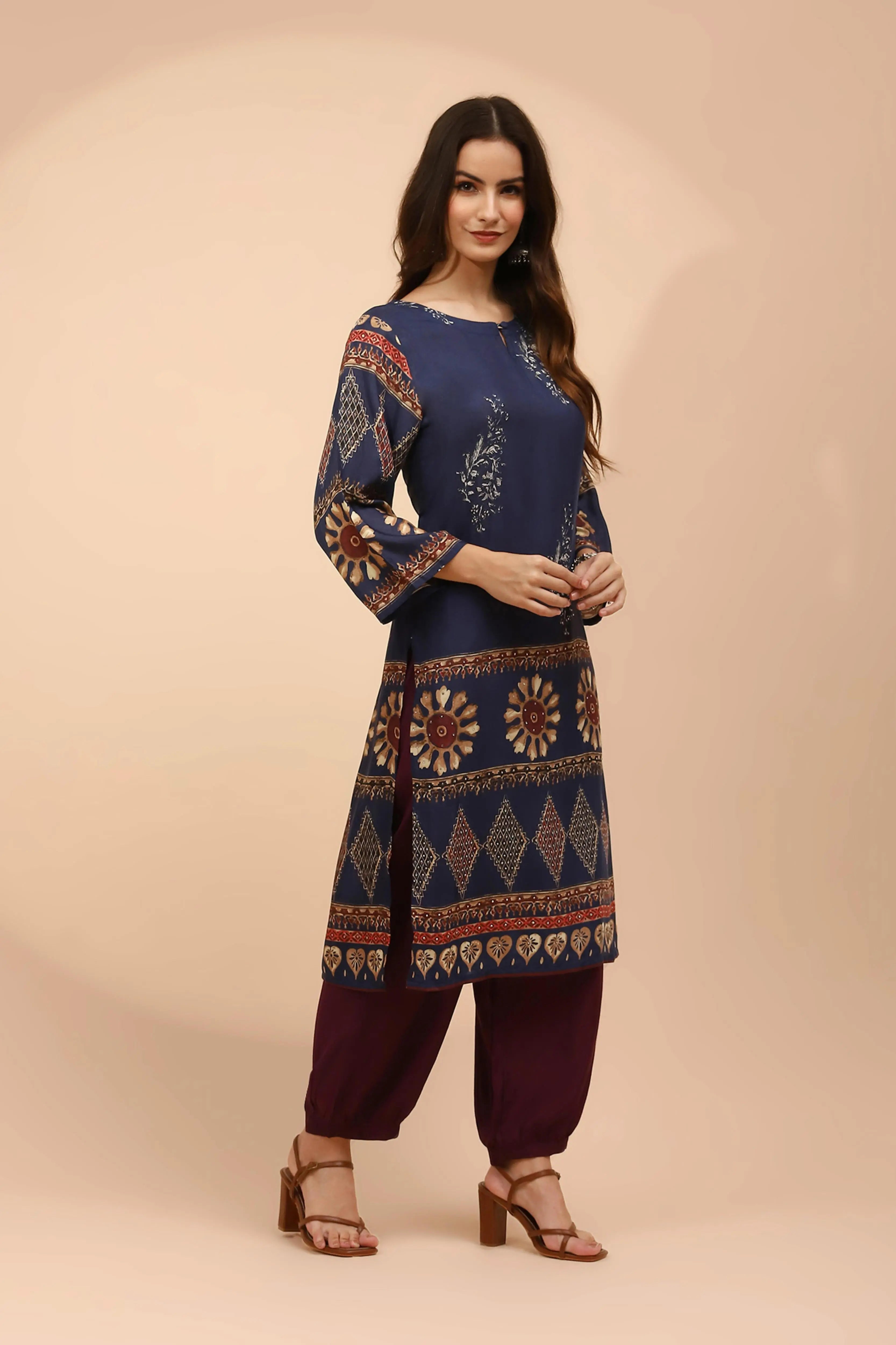 Navy Blue Muslin Regular Fit Long Tunic Set For Women - Global Republic