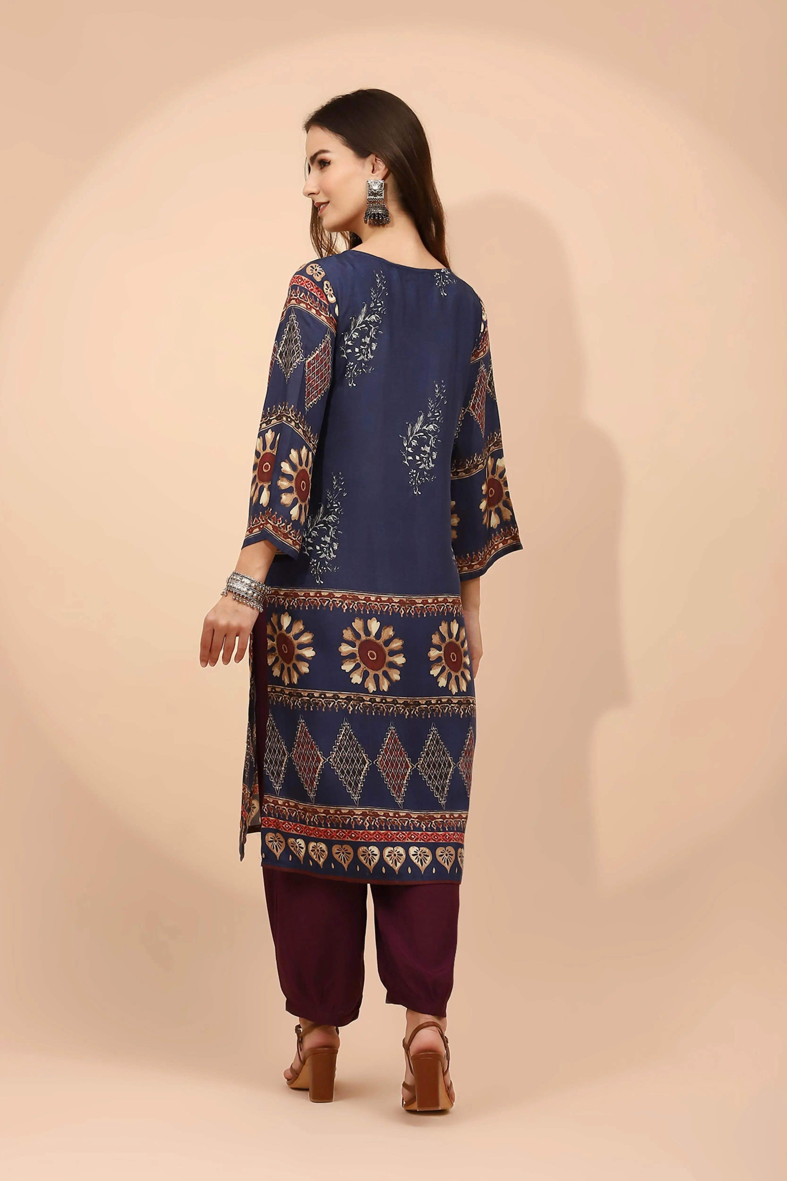 Navy Blue Muslin Regular Fit Long Tunic Set For Women - Global Republic