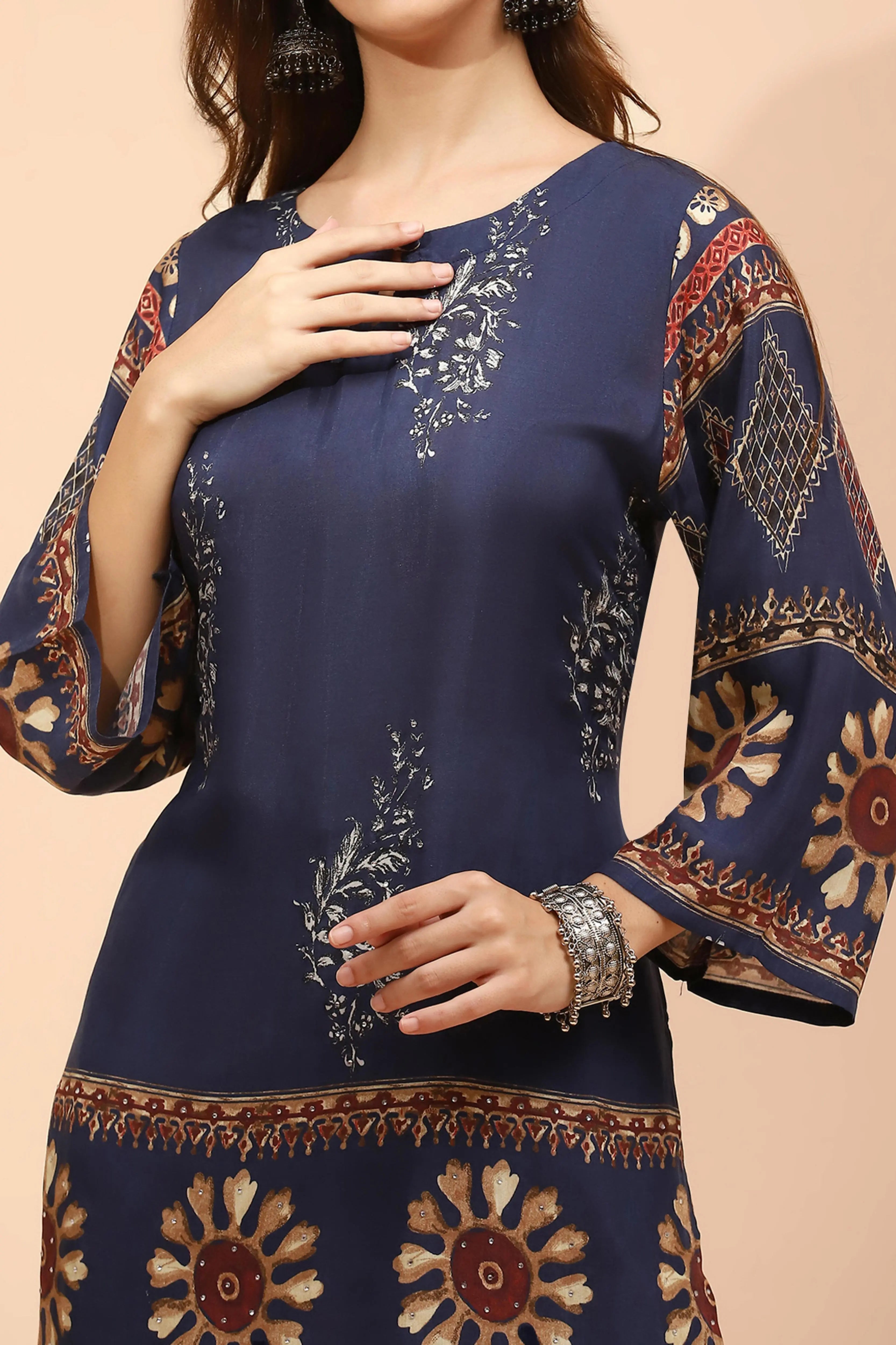 Navy Blue Muslin Regular Fit Long Tunic Set For Women - Global Republic