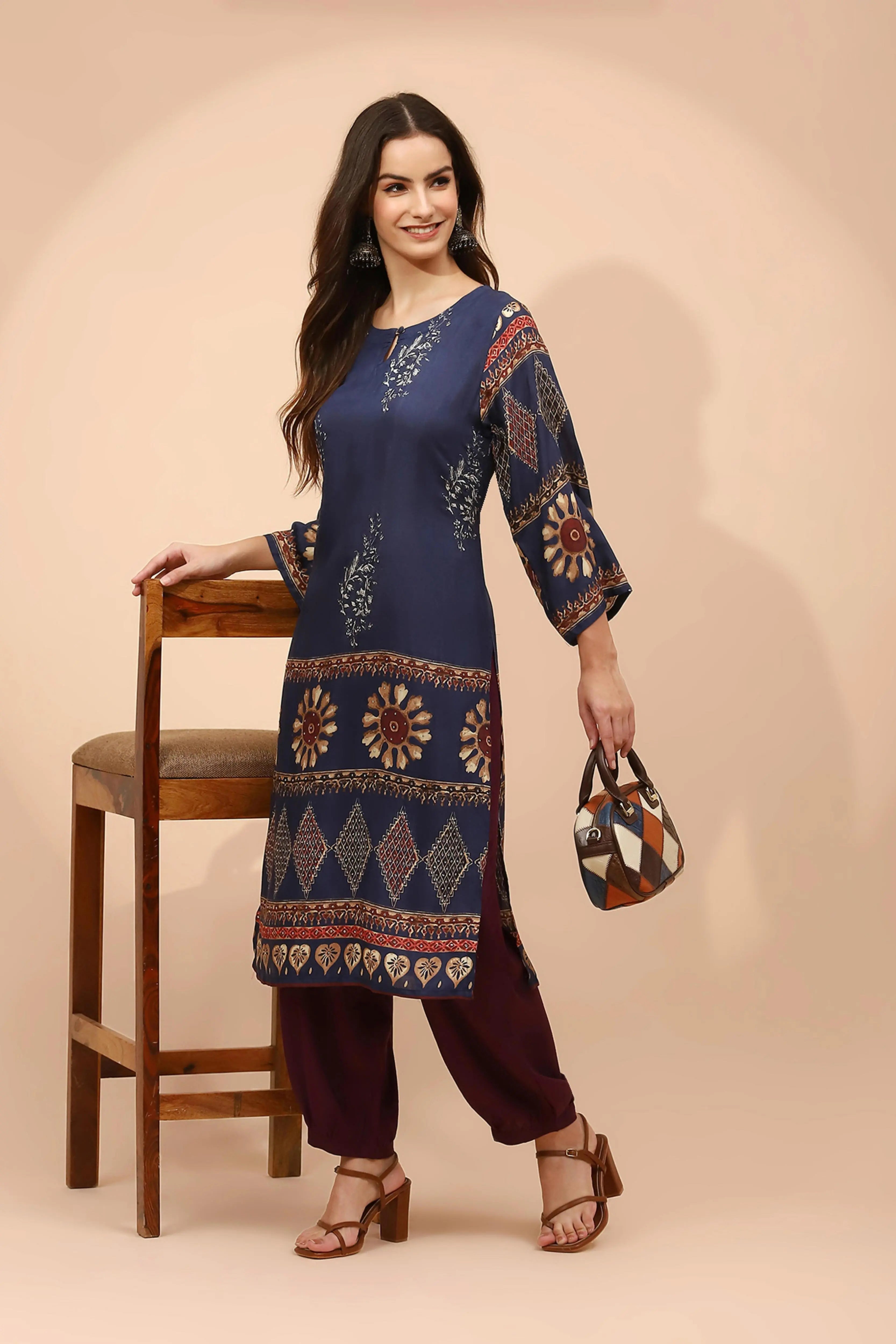 Navy Blue Muslin Regular Fit Long Tunic Set For Women - Global Republic