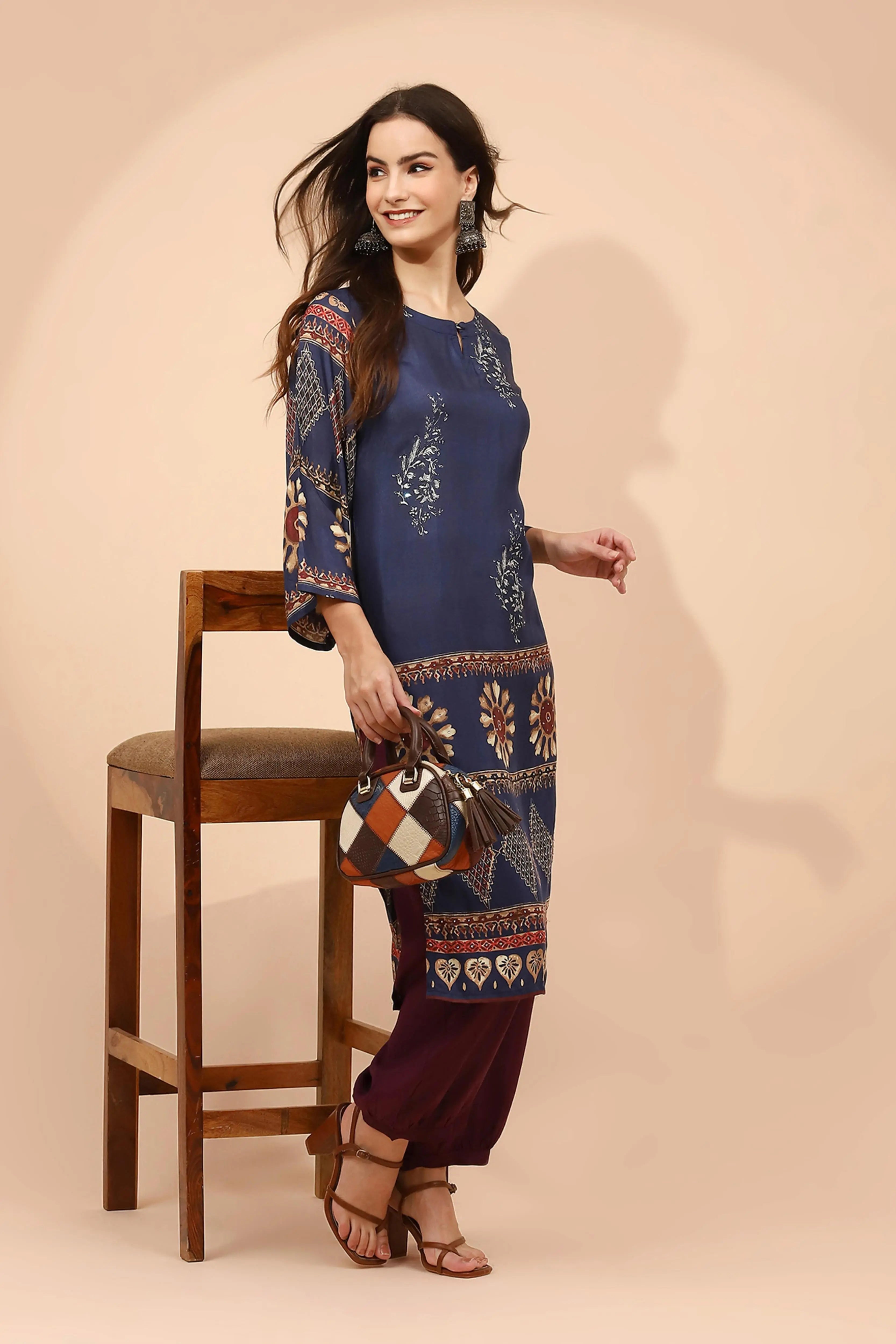 Navy Blue Muslin Regular Fit Long Tunic Set For Women - Global Republic
