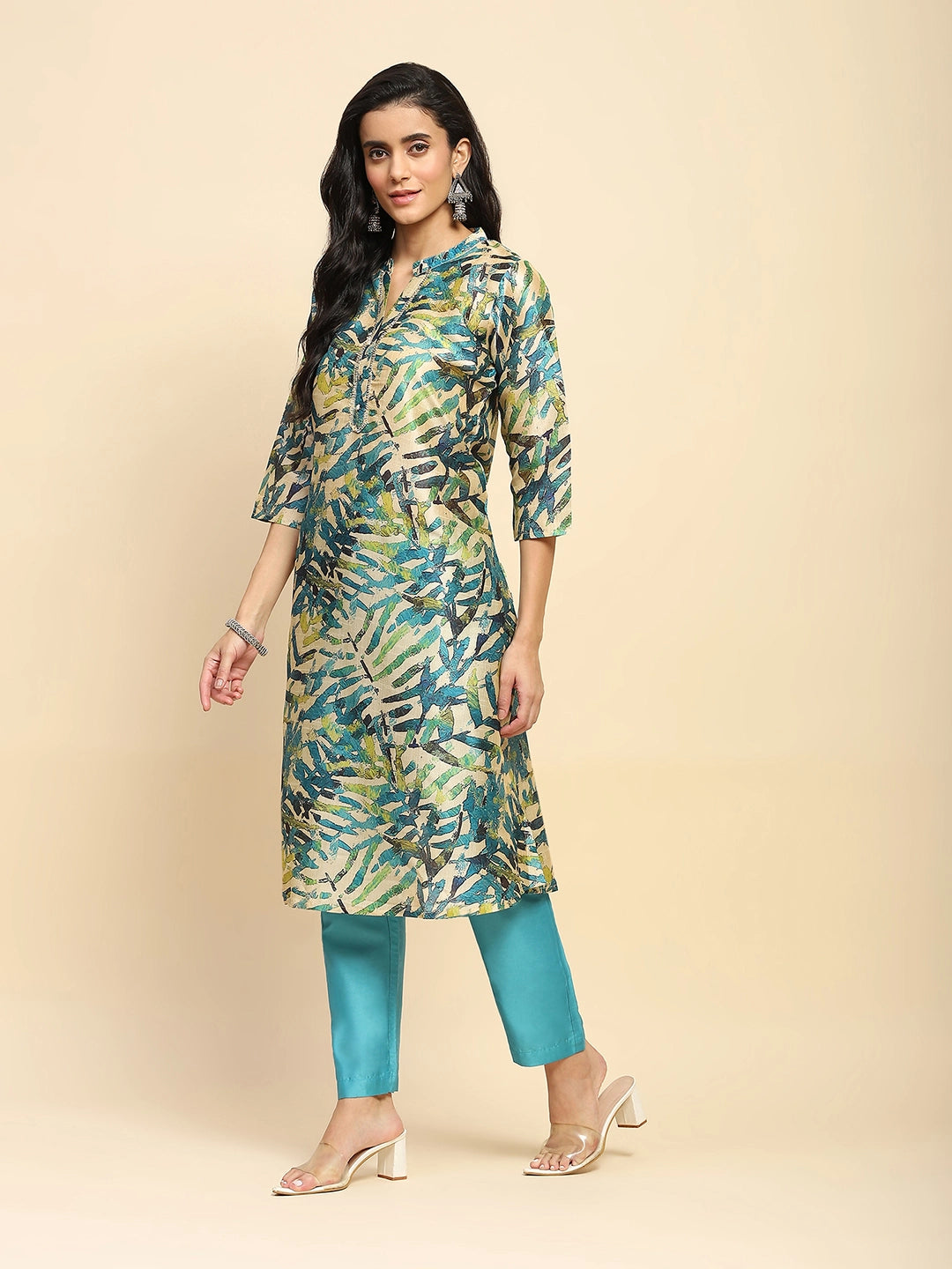 Turquoise  Silk Regular Fit Long Tunic Set For Women - Global Republic