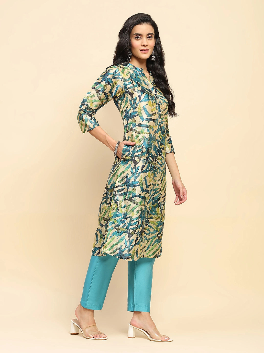 Turquoise  Silk Regular Fit Long Tunic Set For Women - Global Republic