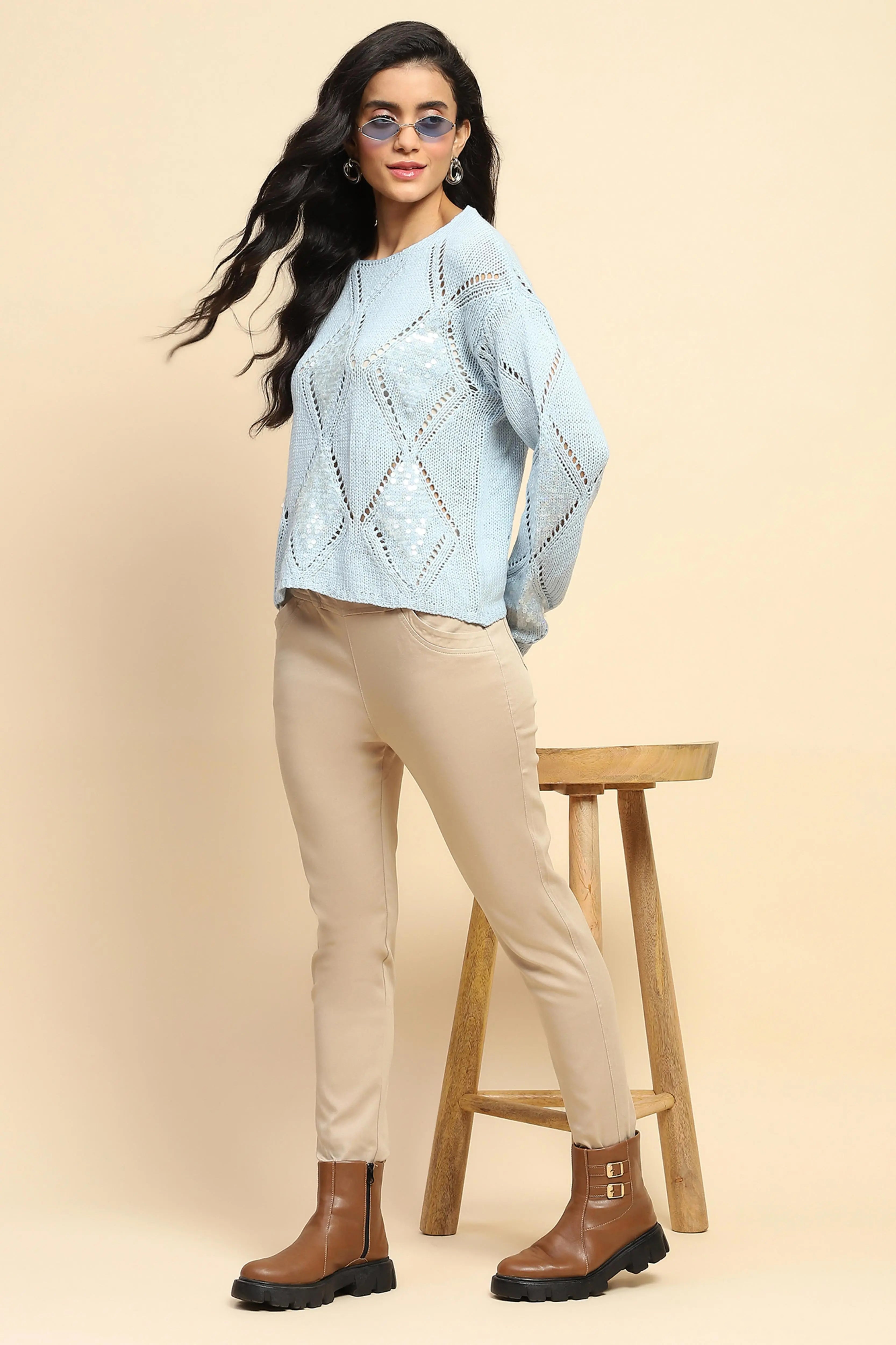 Blue Acrylic Relaxed Fit Winter Pullover - Global Republic