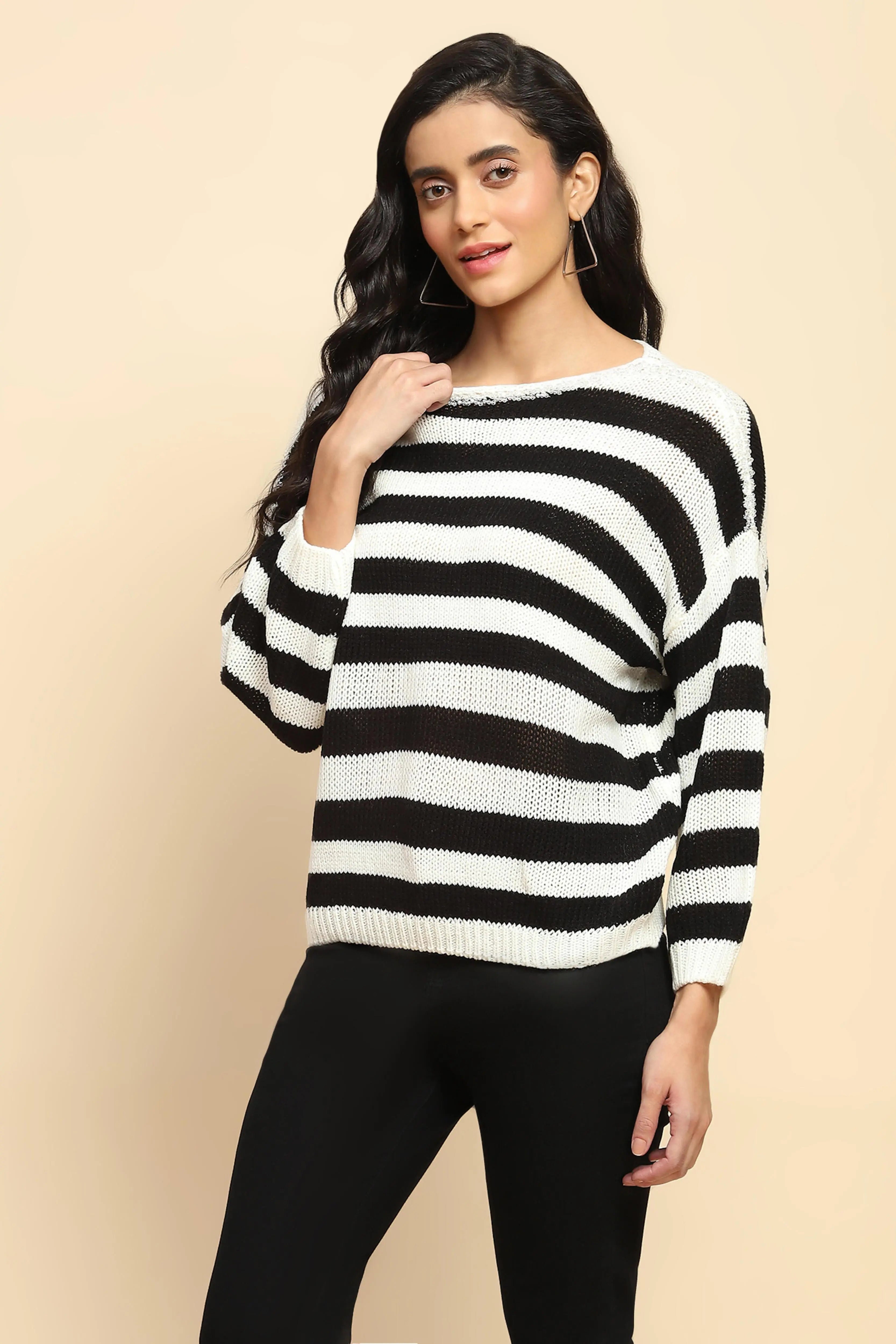 Black Acrylic Relaxed Fit Pullover For Women - Global Republic