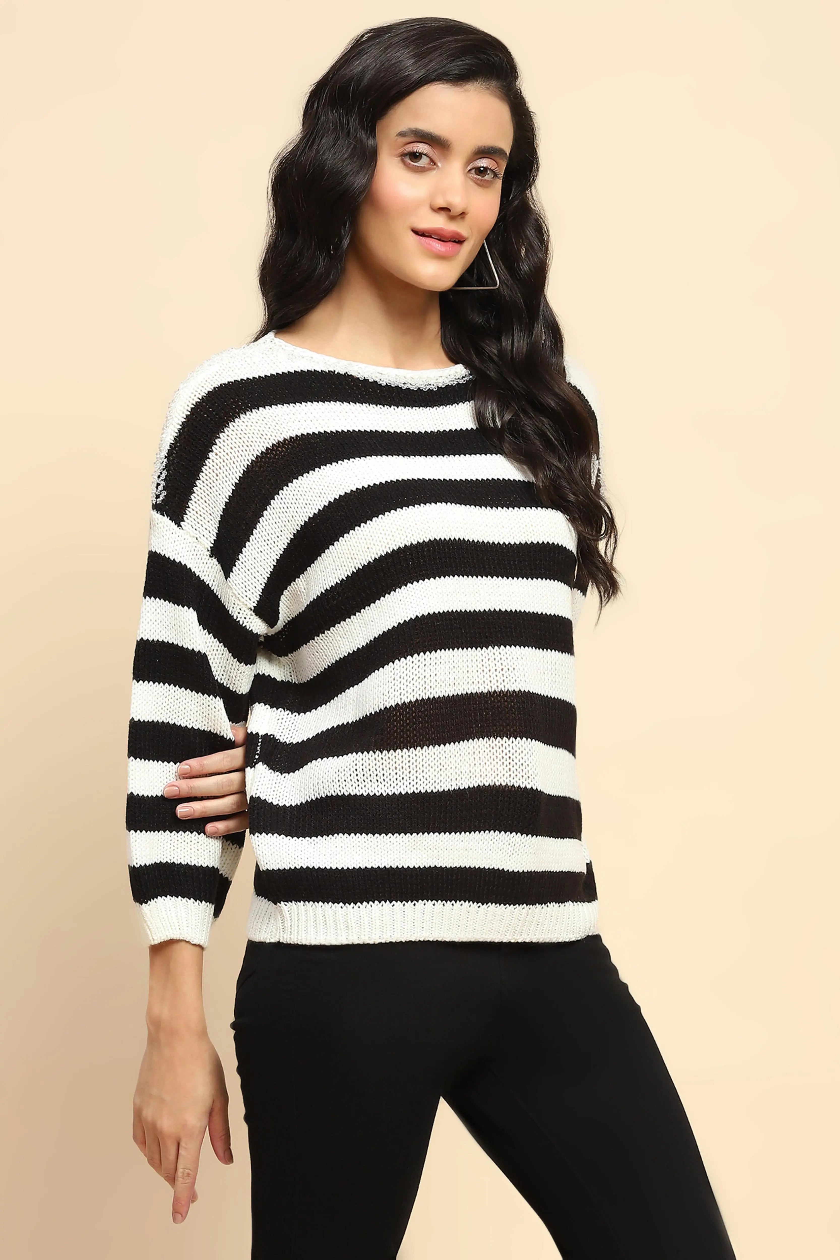 Black Acrylic Relaxed Fit Pullover For Women - Global Republic
