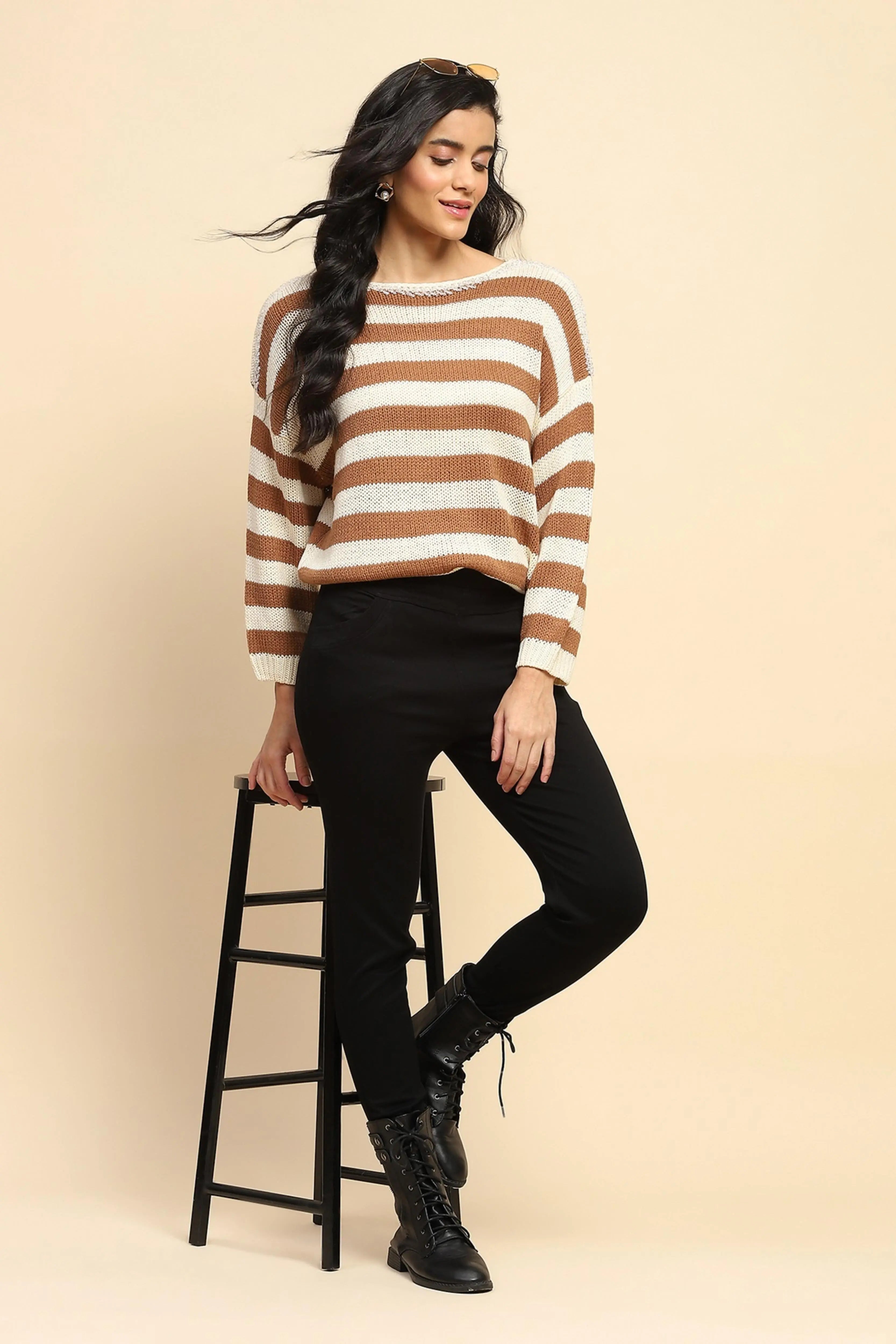 Brown Acrylic Striped Relaxed Pullover - Global Republic