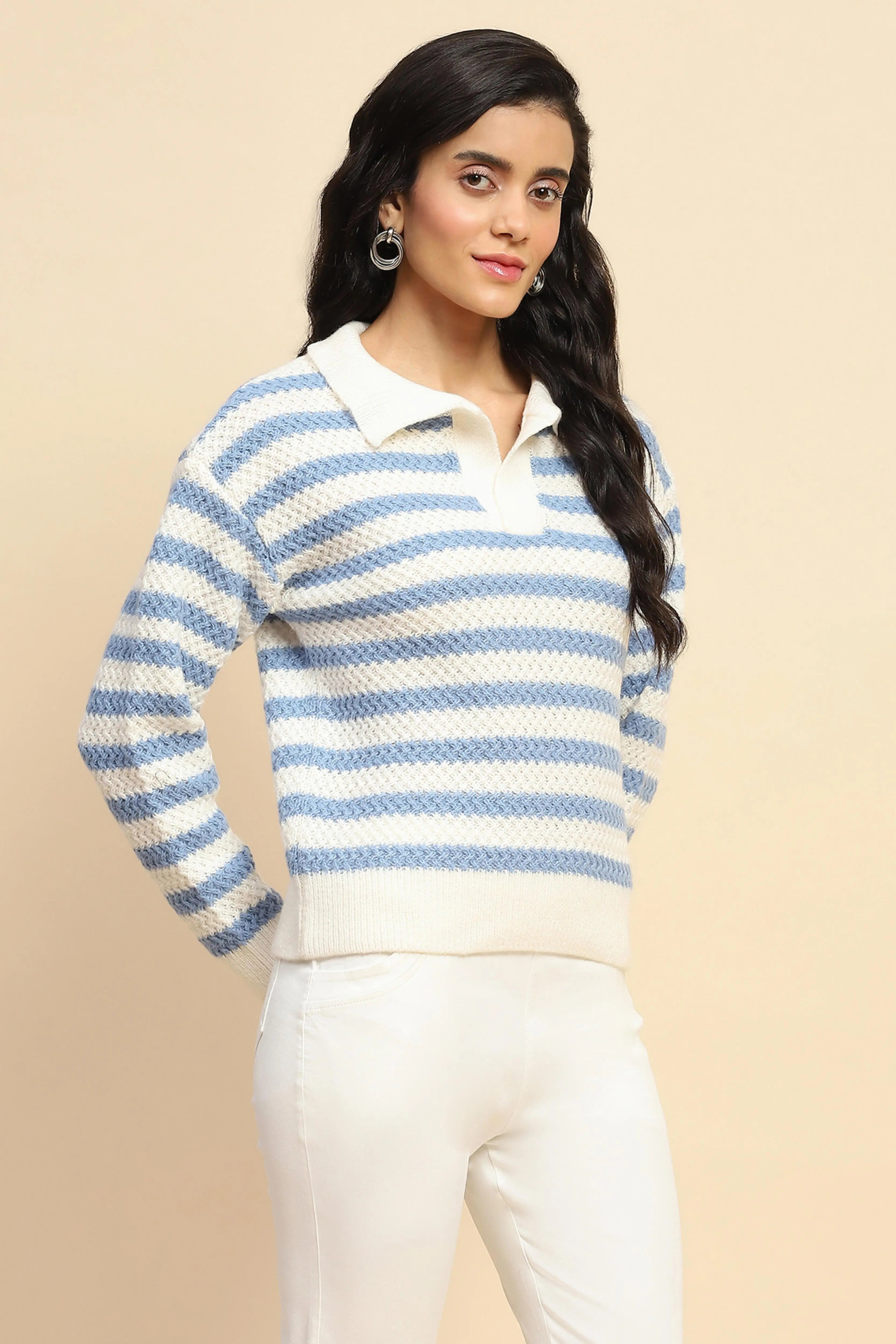 Blue Wool Blend Striped Pullover - Global Republic