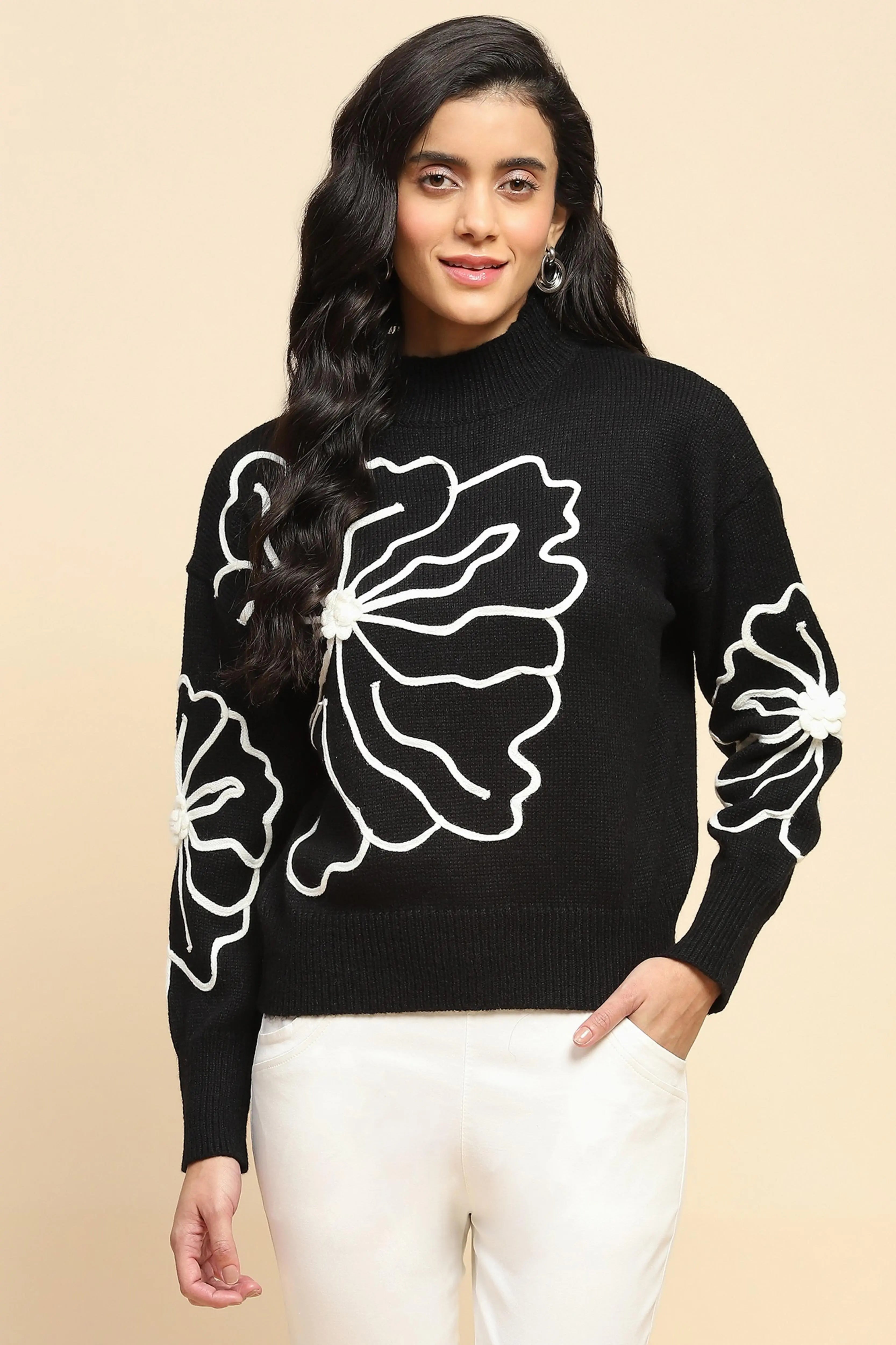 Black Wool Blend Loose Fit Pullover - Global Republic