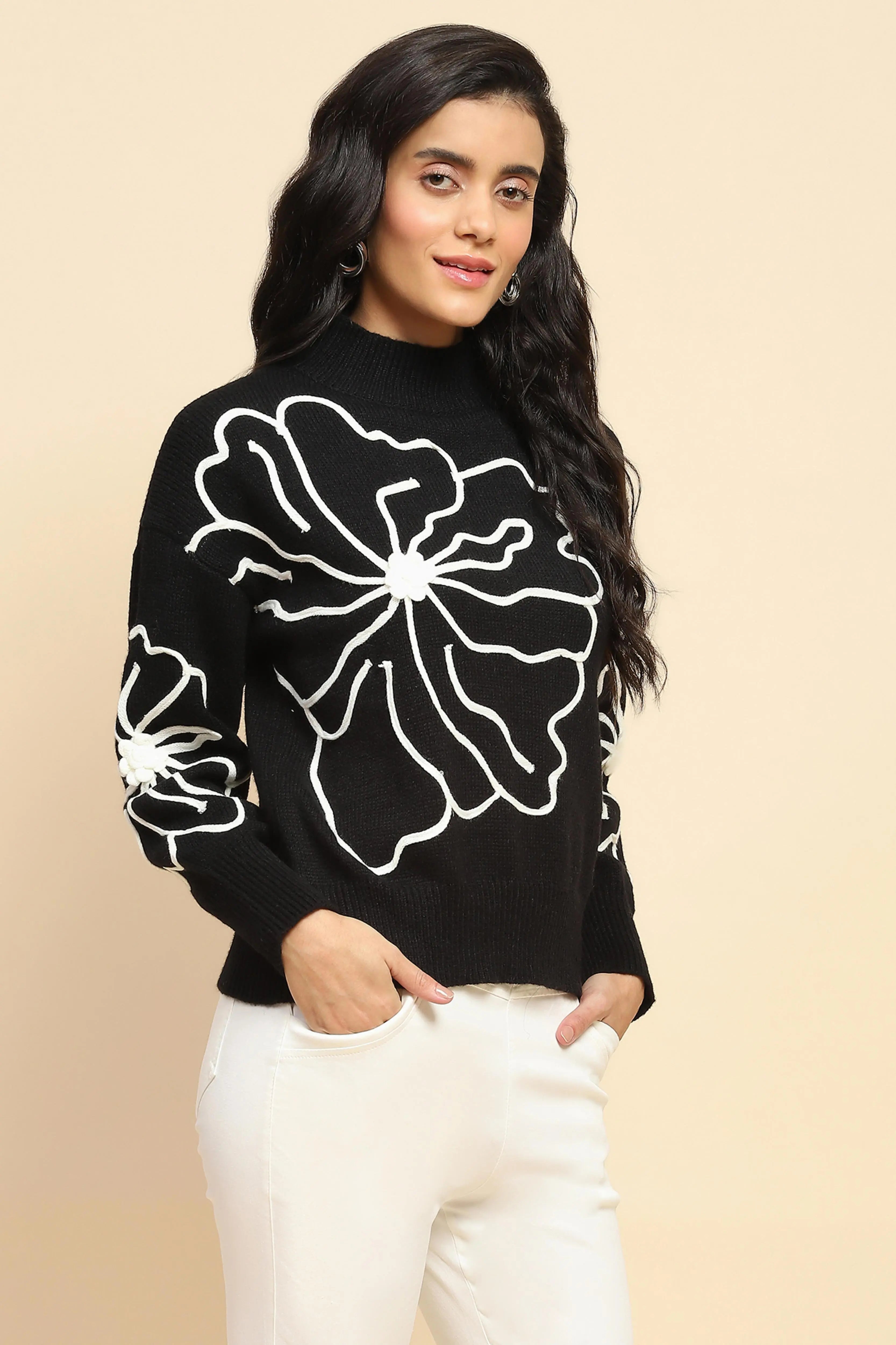 Black Wool Blend Loose Fit Pullover - Global Republic