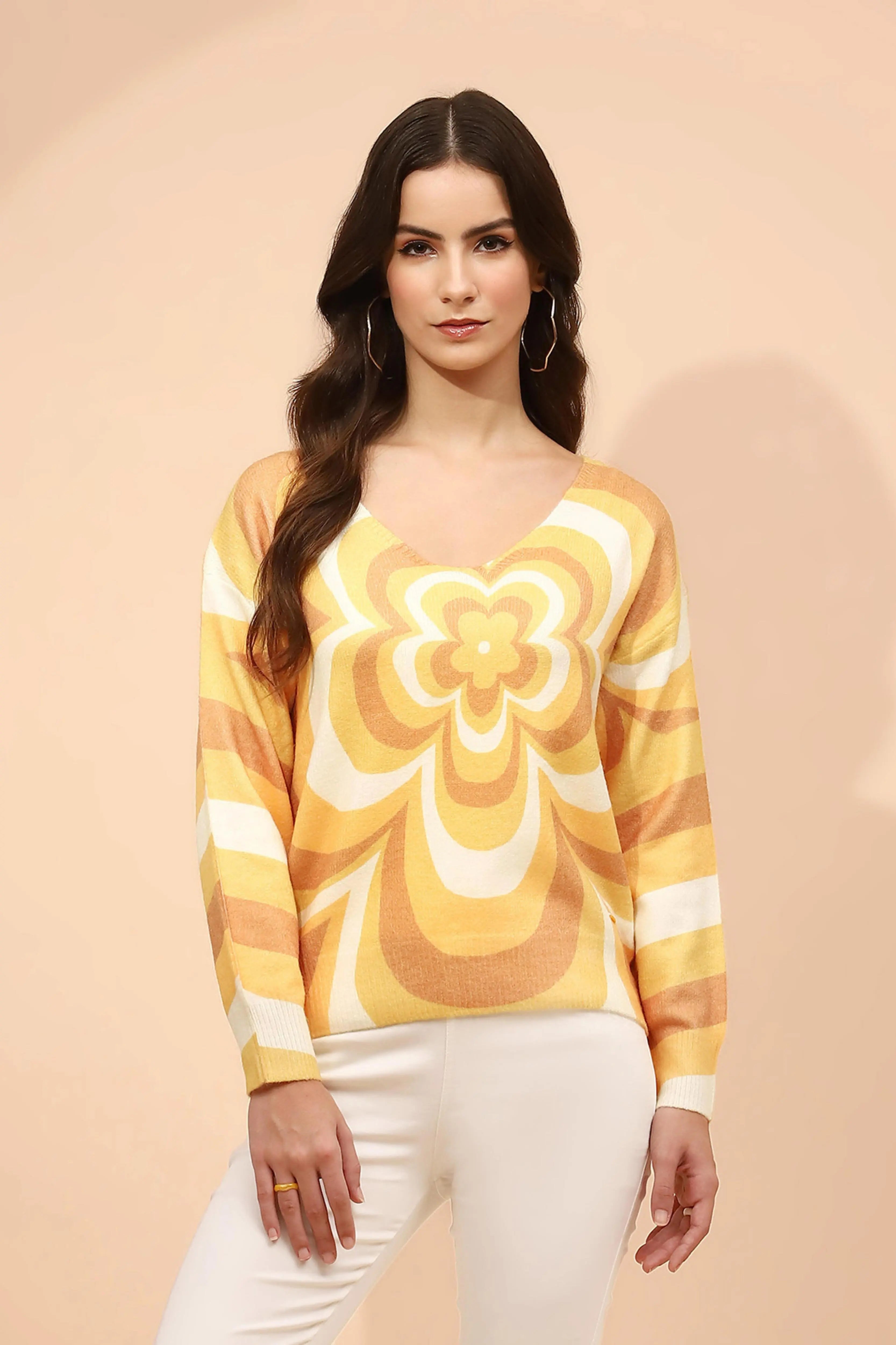 Yellow  Viscose Loose Winter Pullover - Global Republic