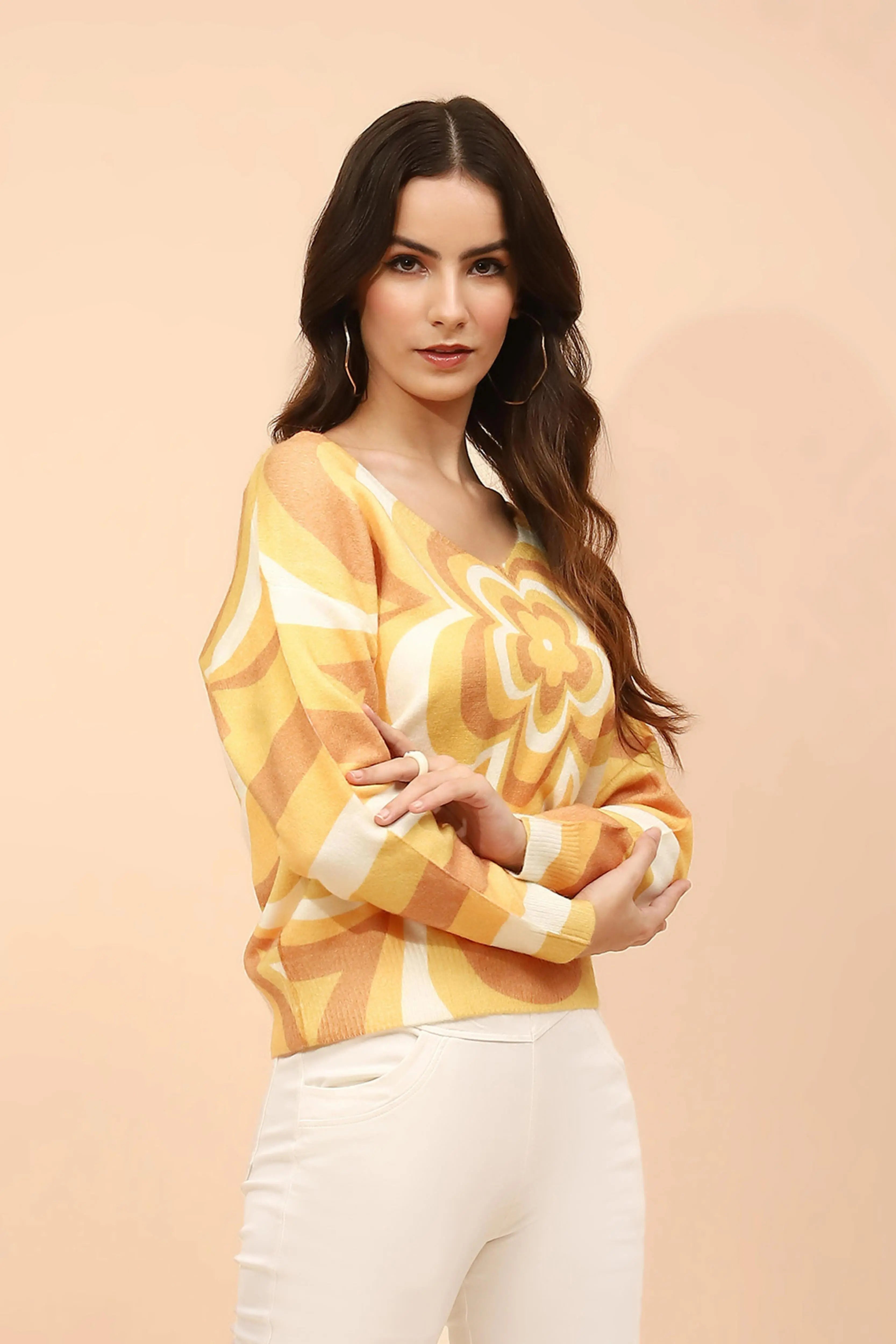 Yellow  Viscose Loose Winter Pullover - Global Republic
