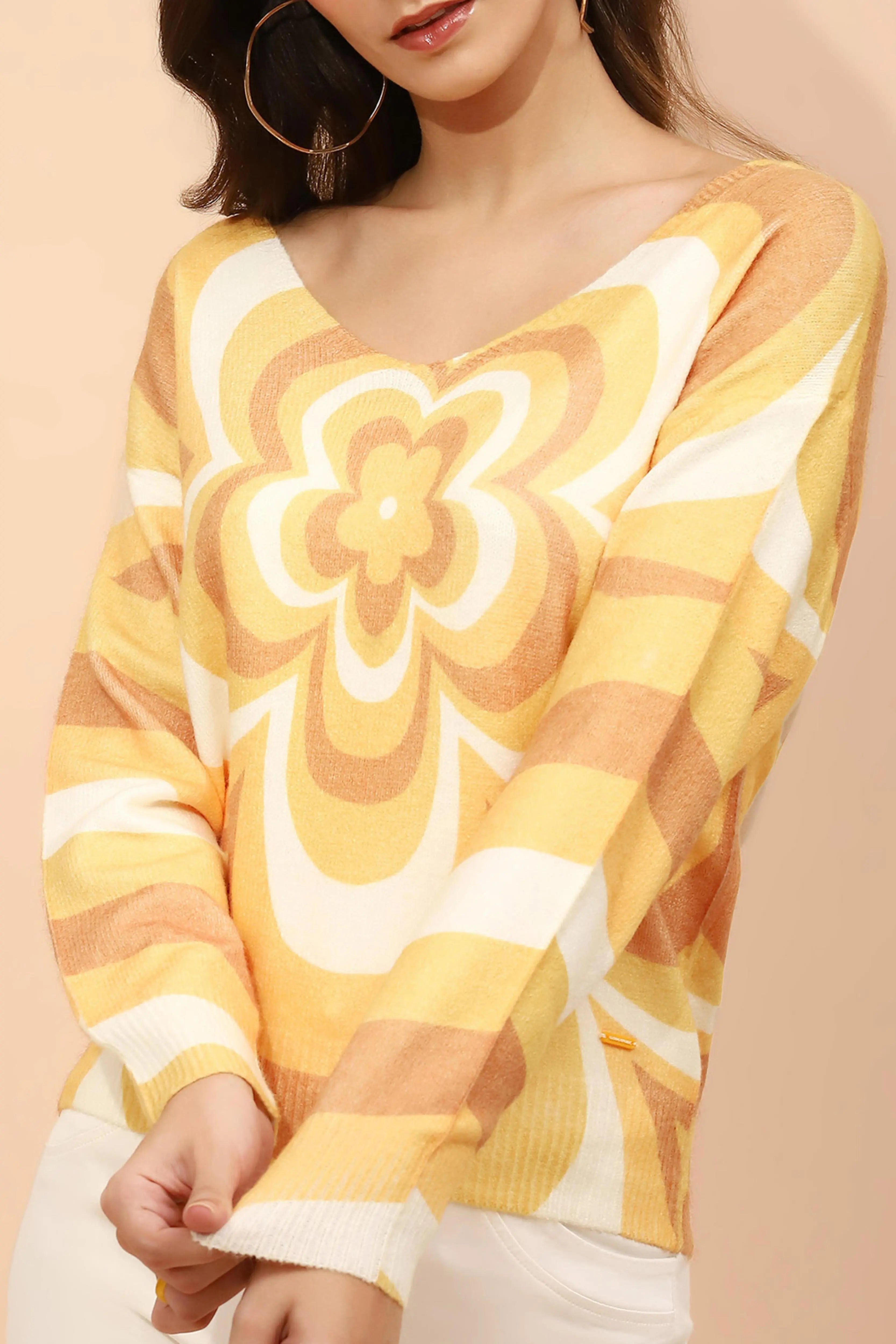 Yellow  Viscose Loose Winter Pullover - Global Republic
