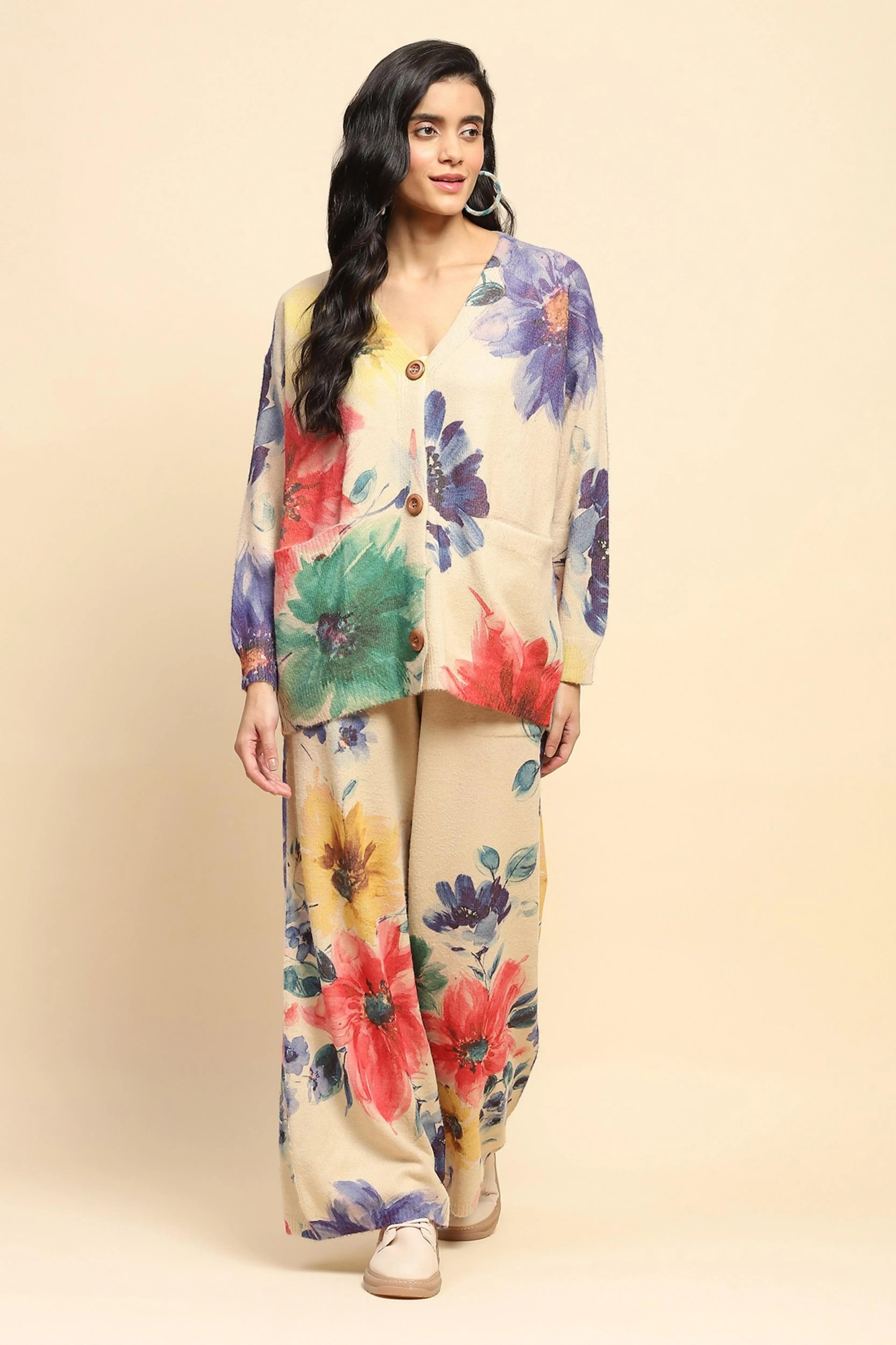 Beige Floral Loose Winter Co-ord Set - Global Republic