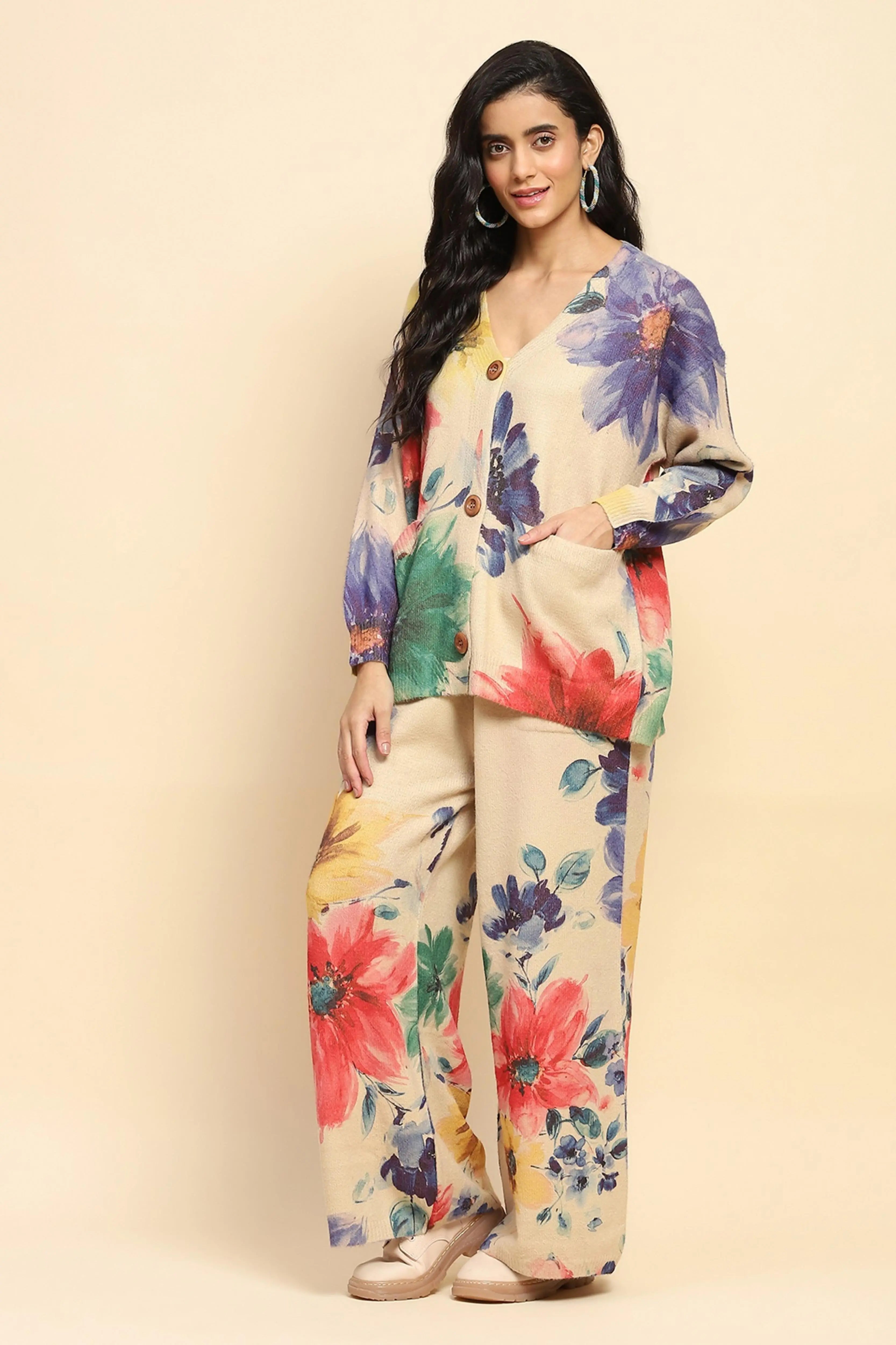 Beige Floral Loose Winter Co-ord Set - Global Republic