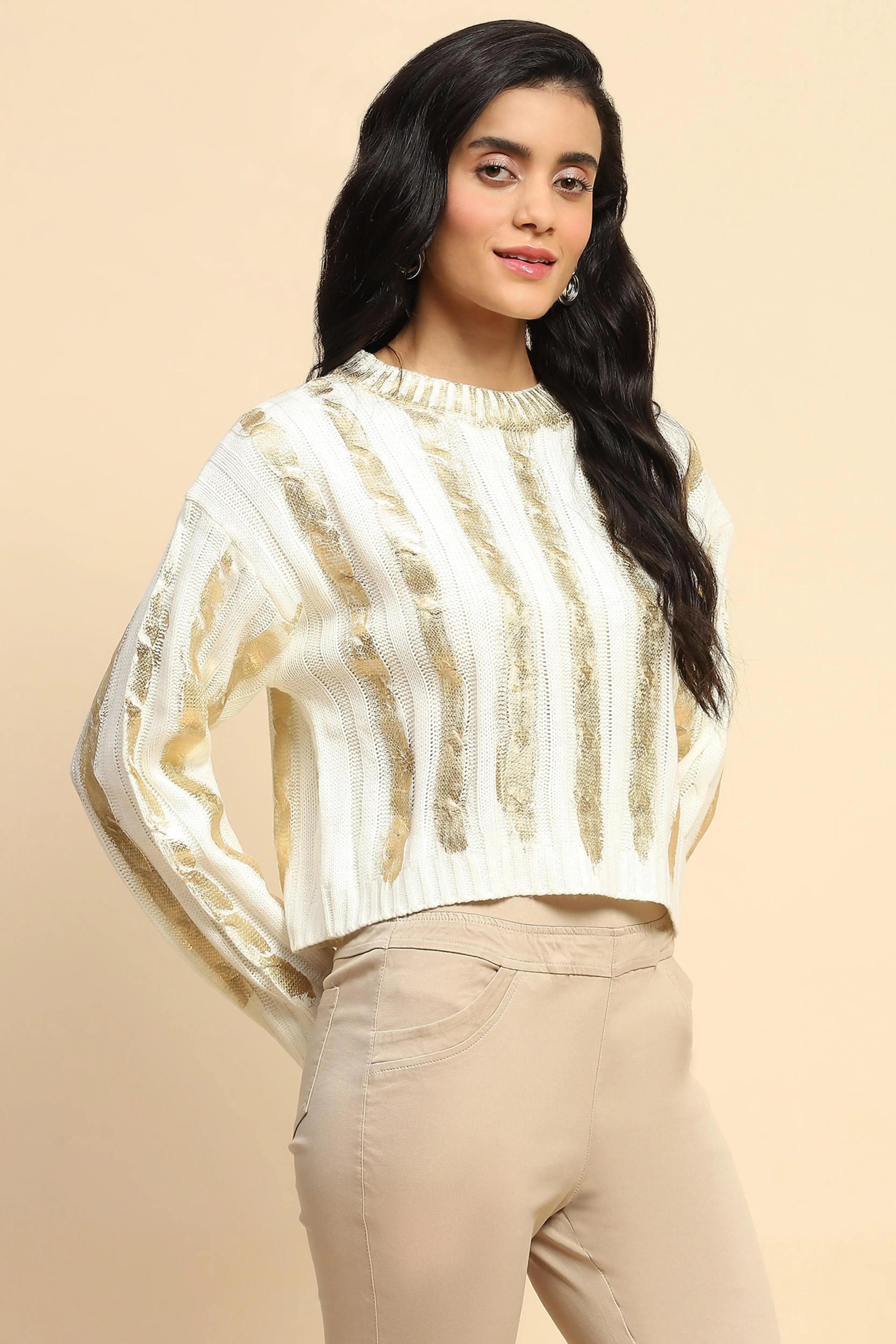 Off White & Gold Viscose Winter Top - Global Republic