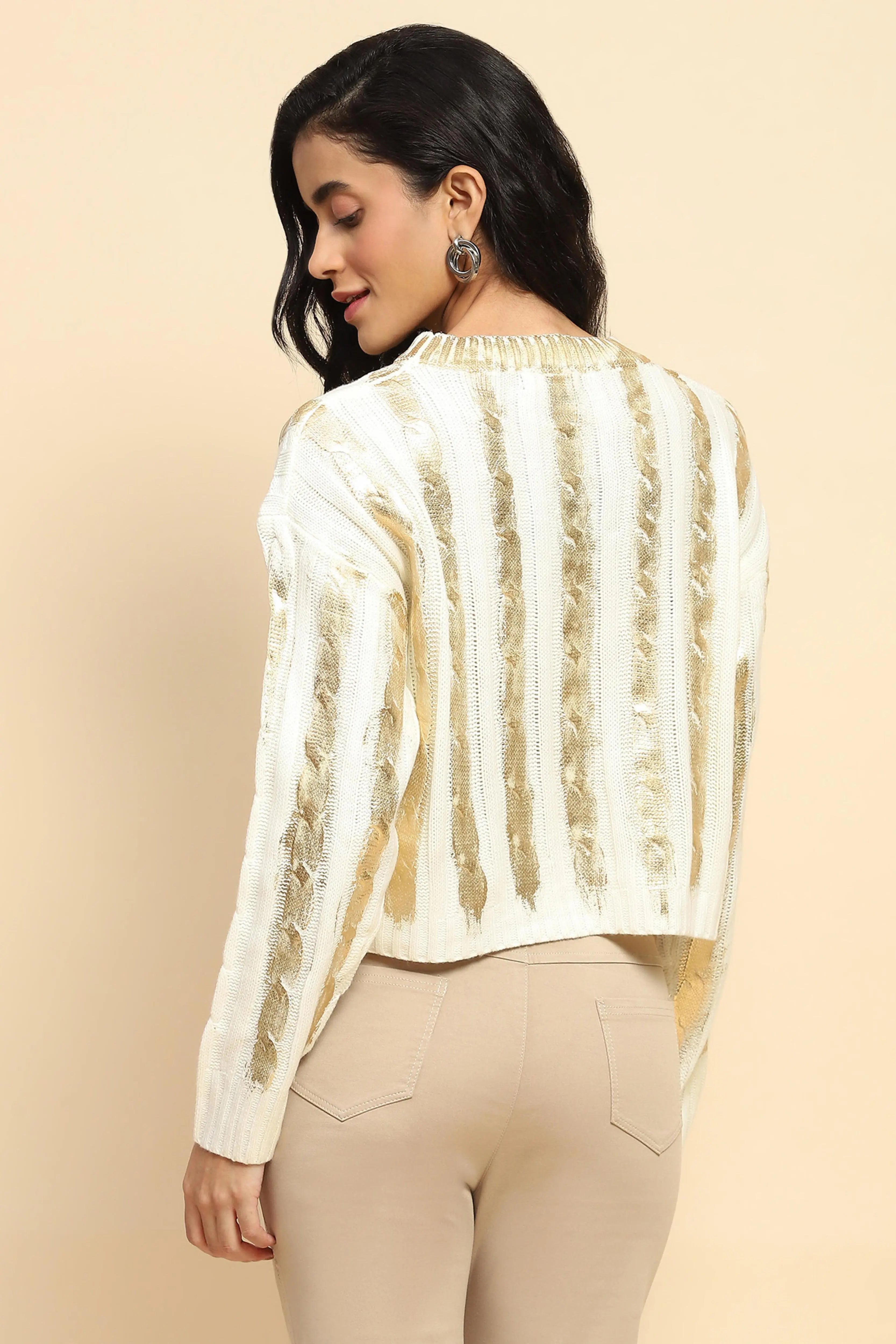 Off White & Gold Viscose Winter Top - Global Republic