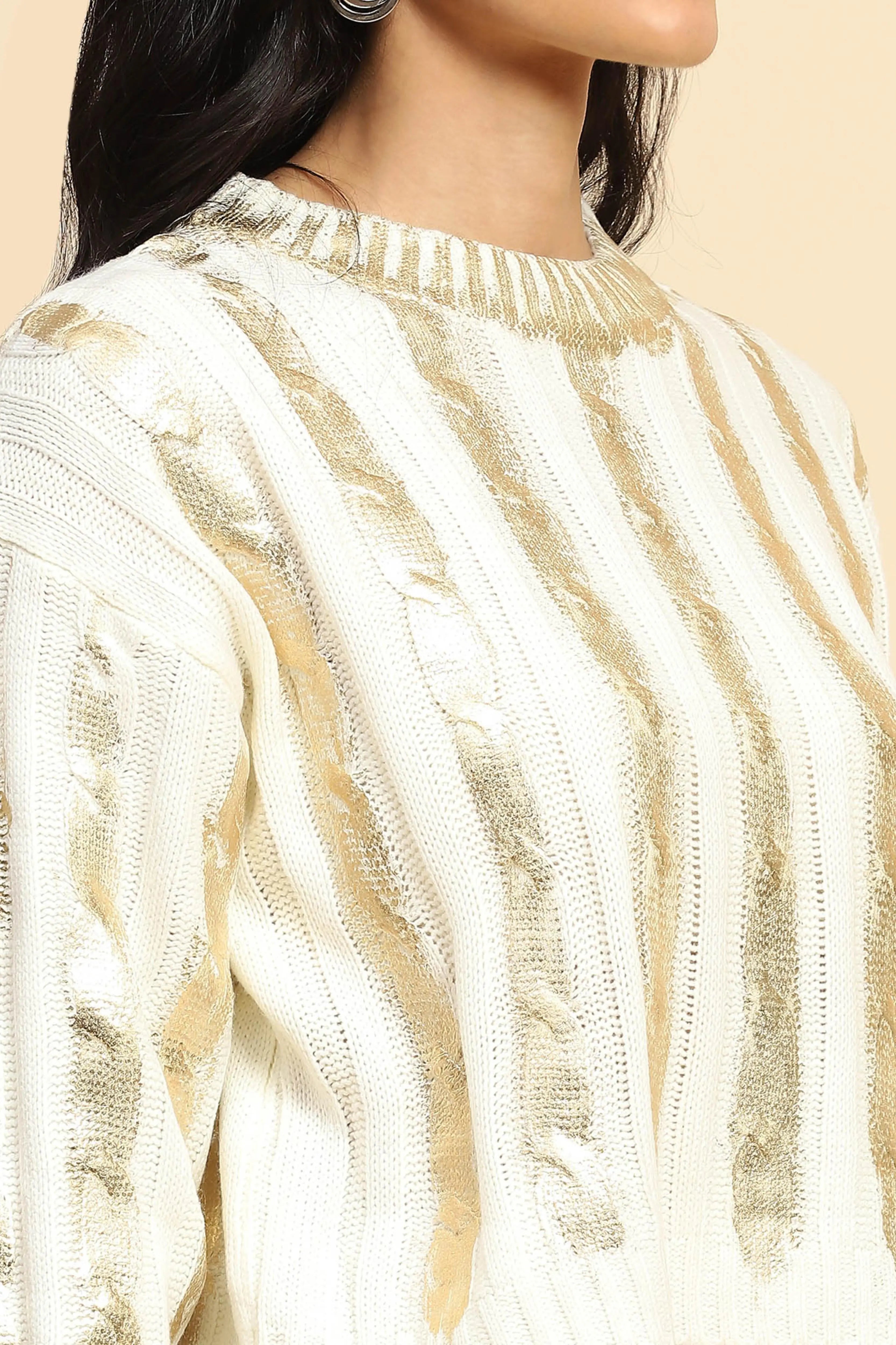 Off White & Gold Viscose Winter Top - Global Republic