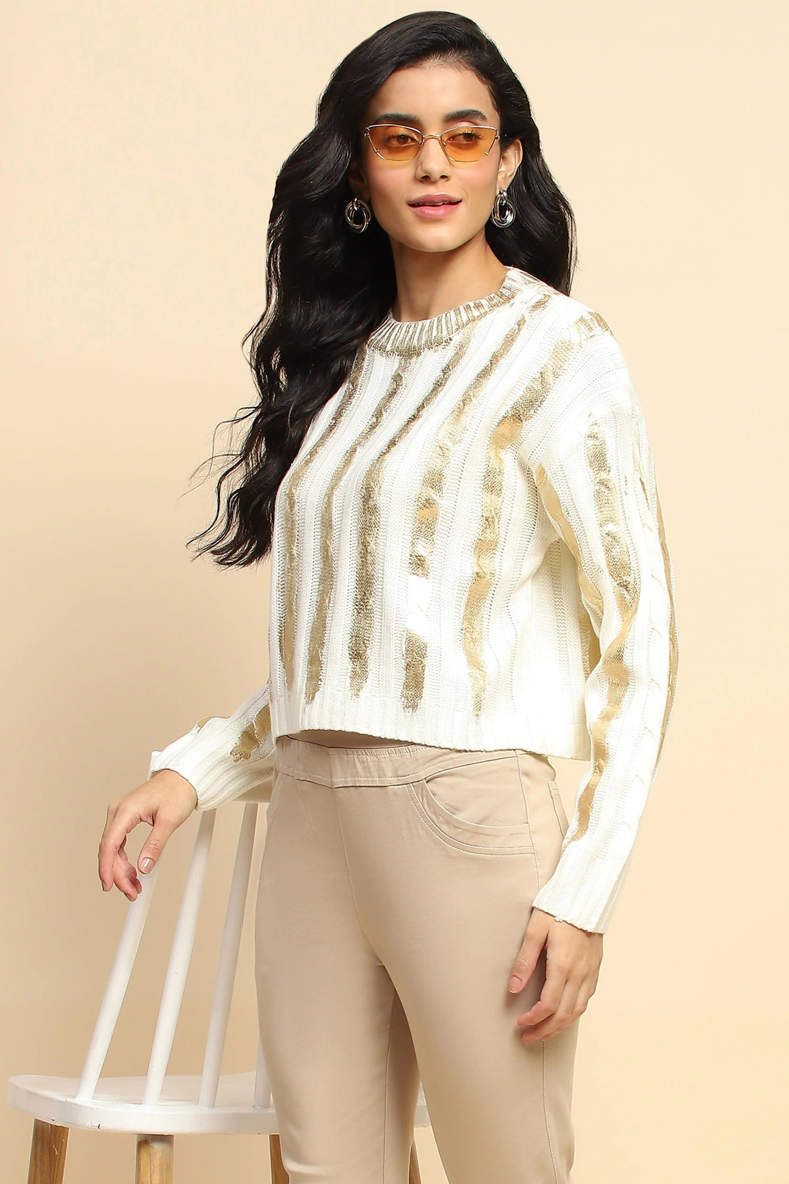 Off White & Gold Viscose Winter Top - Global Republic