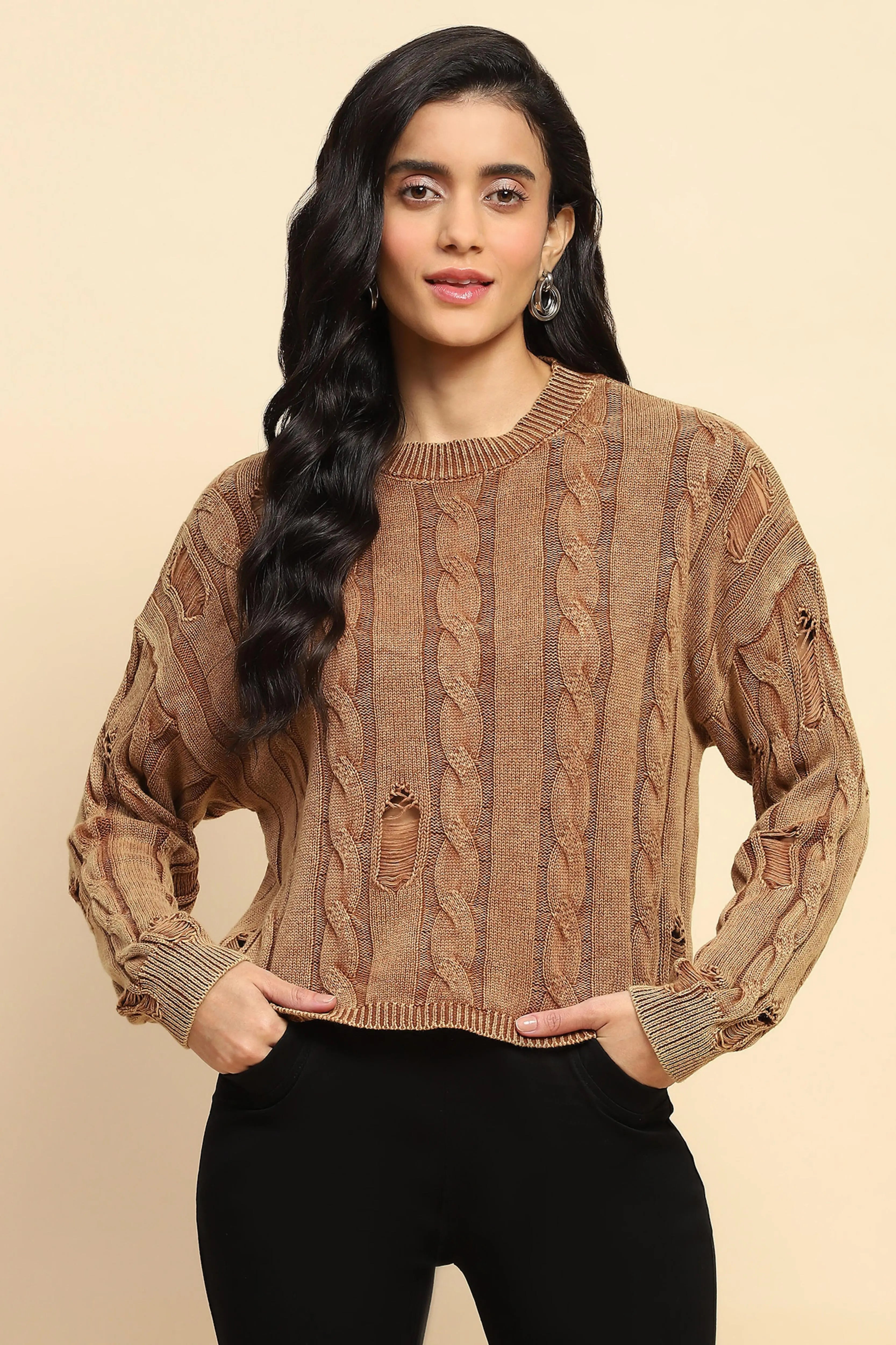 Brown Cotton Boxy Fit Pullover - Global Republic