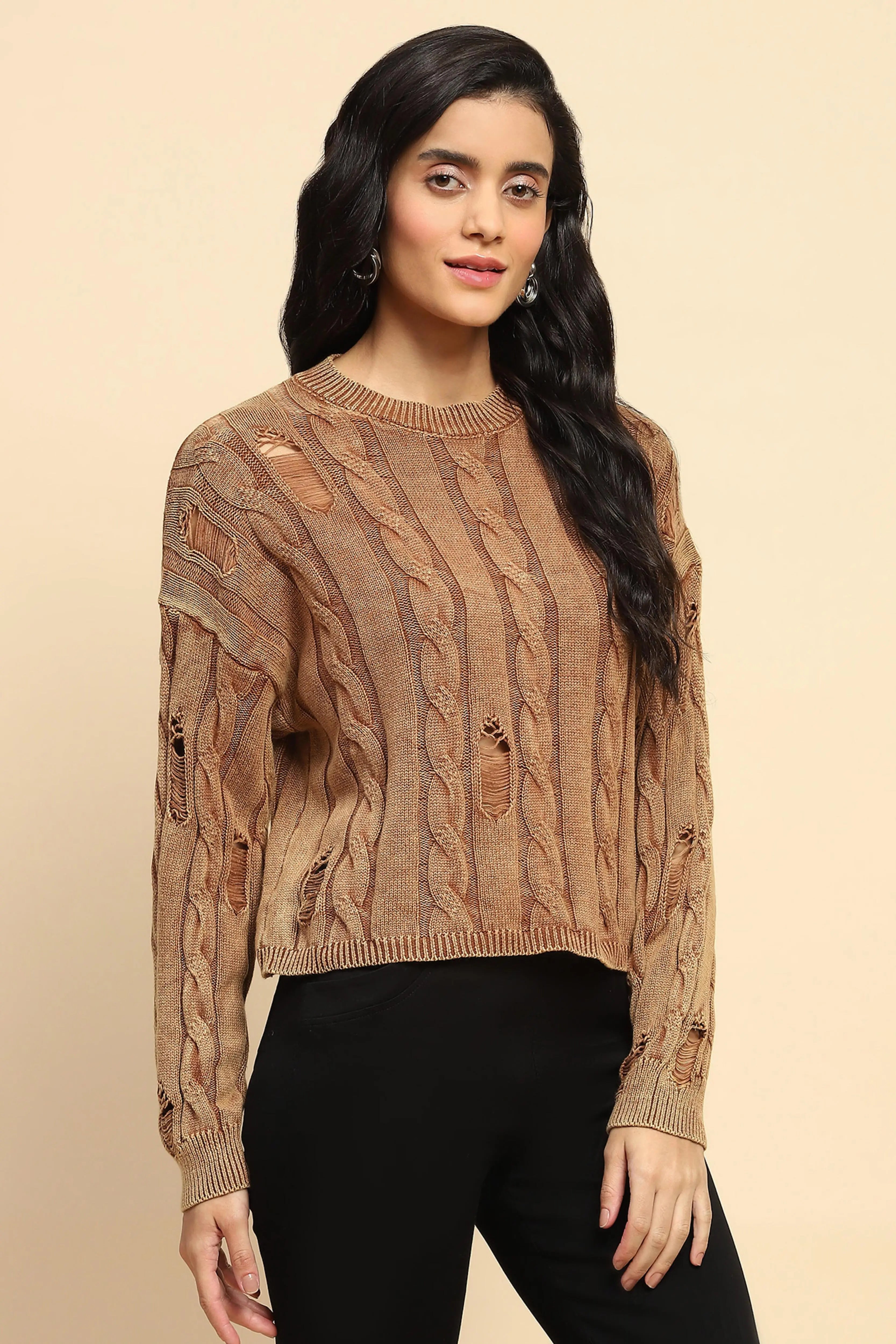 Brown Cotton Boxy Fit Pullover - Global Republic