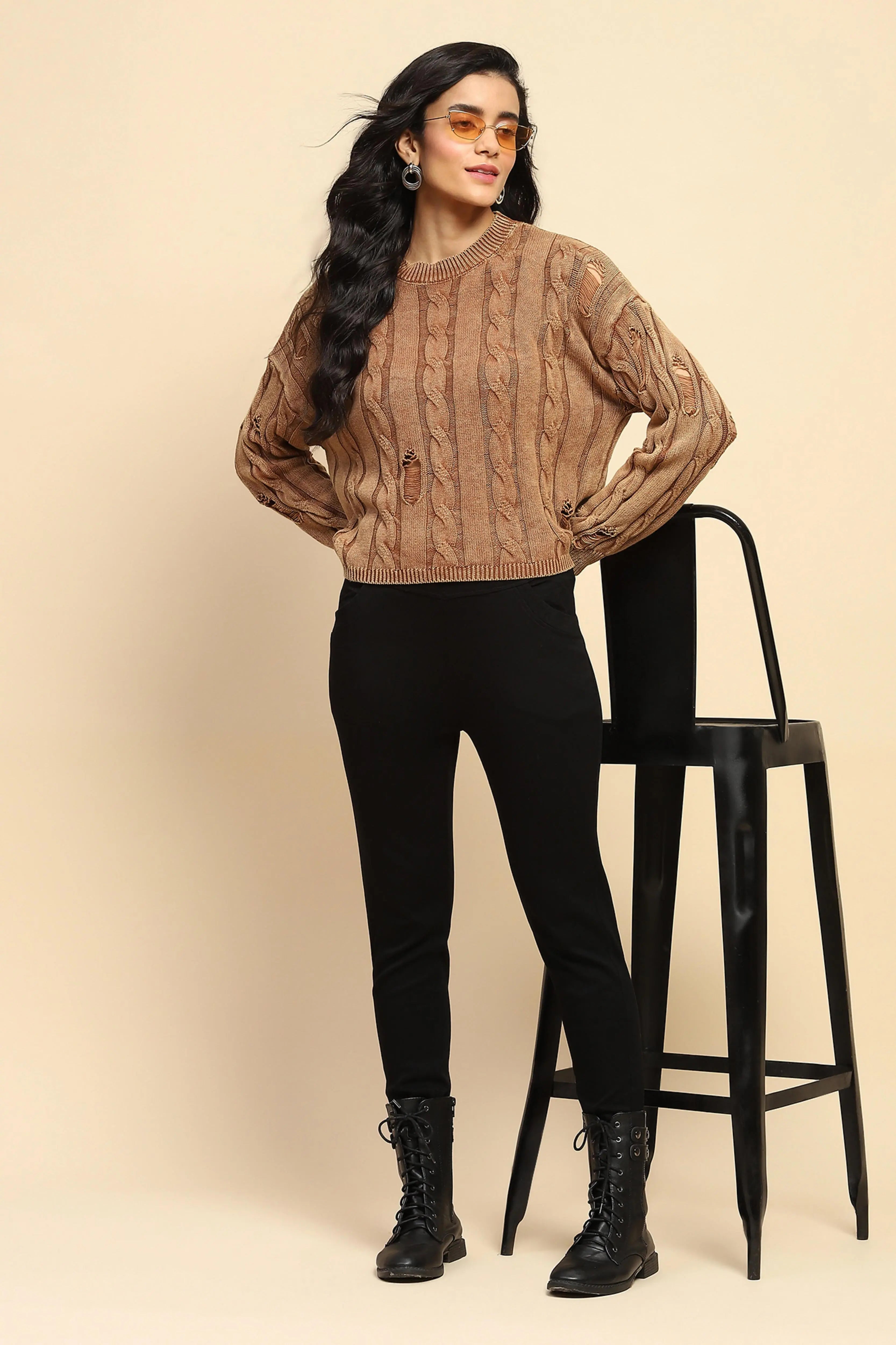 Brown Cotton Boxy Fit Pullover - Global Republic