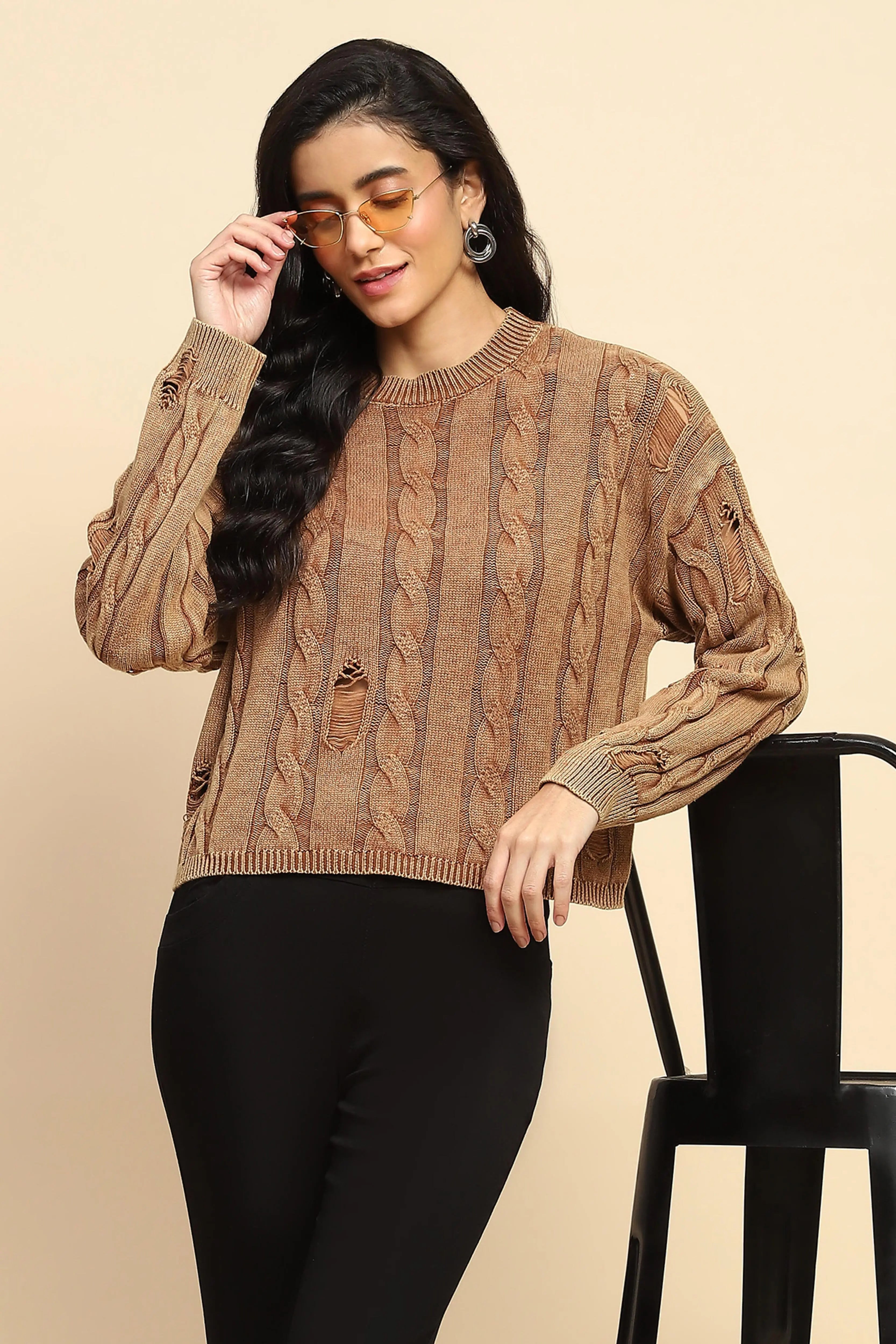 Brown Cotton Boxy Fit Pullover - Global Republic