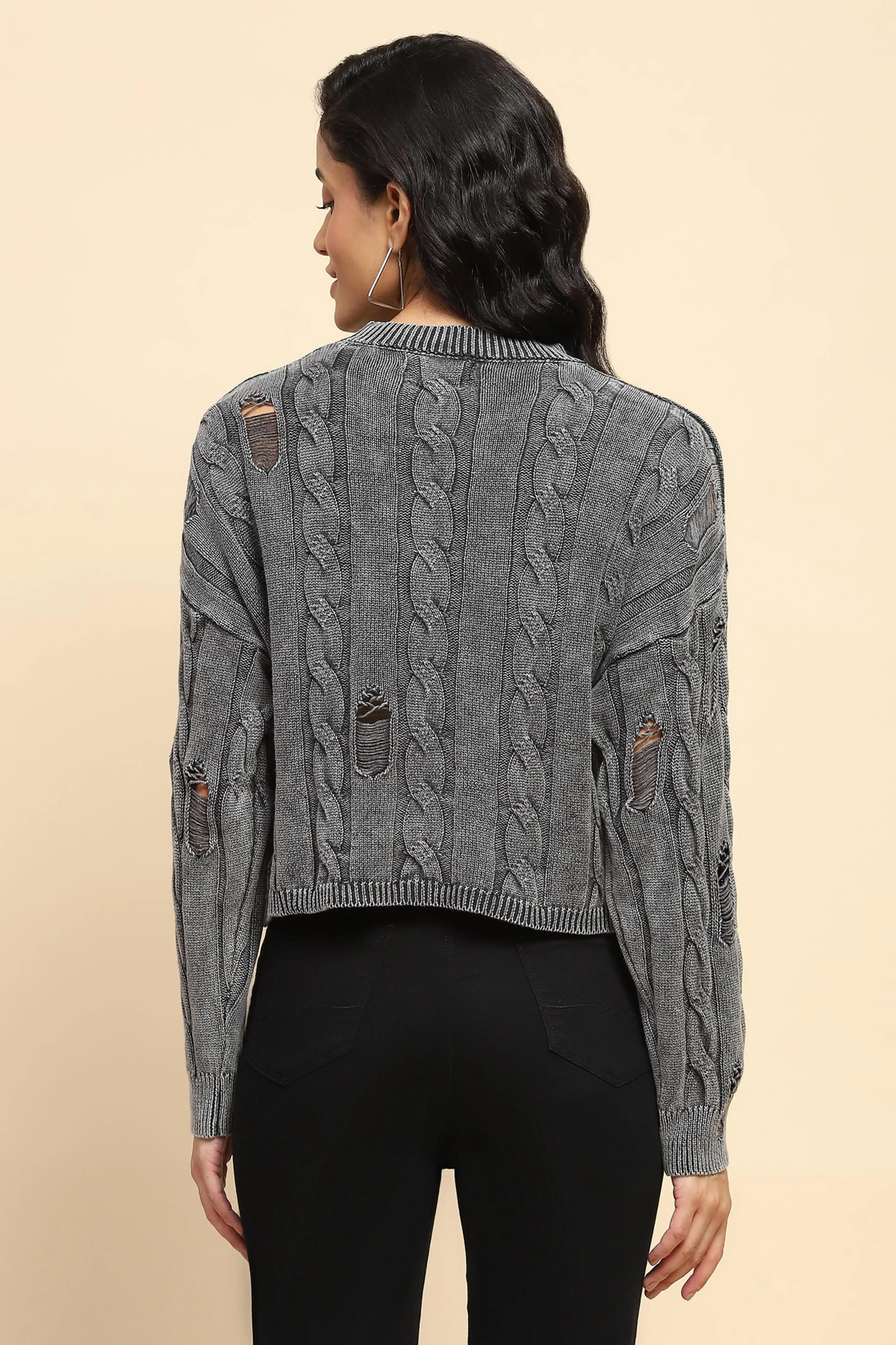 Grey Cotton Boxy Fit Pullover - Global Republic