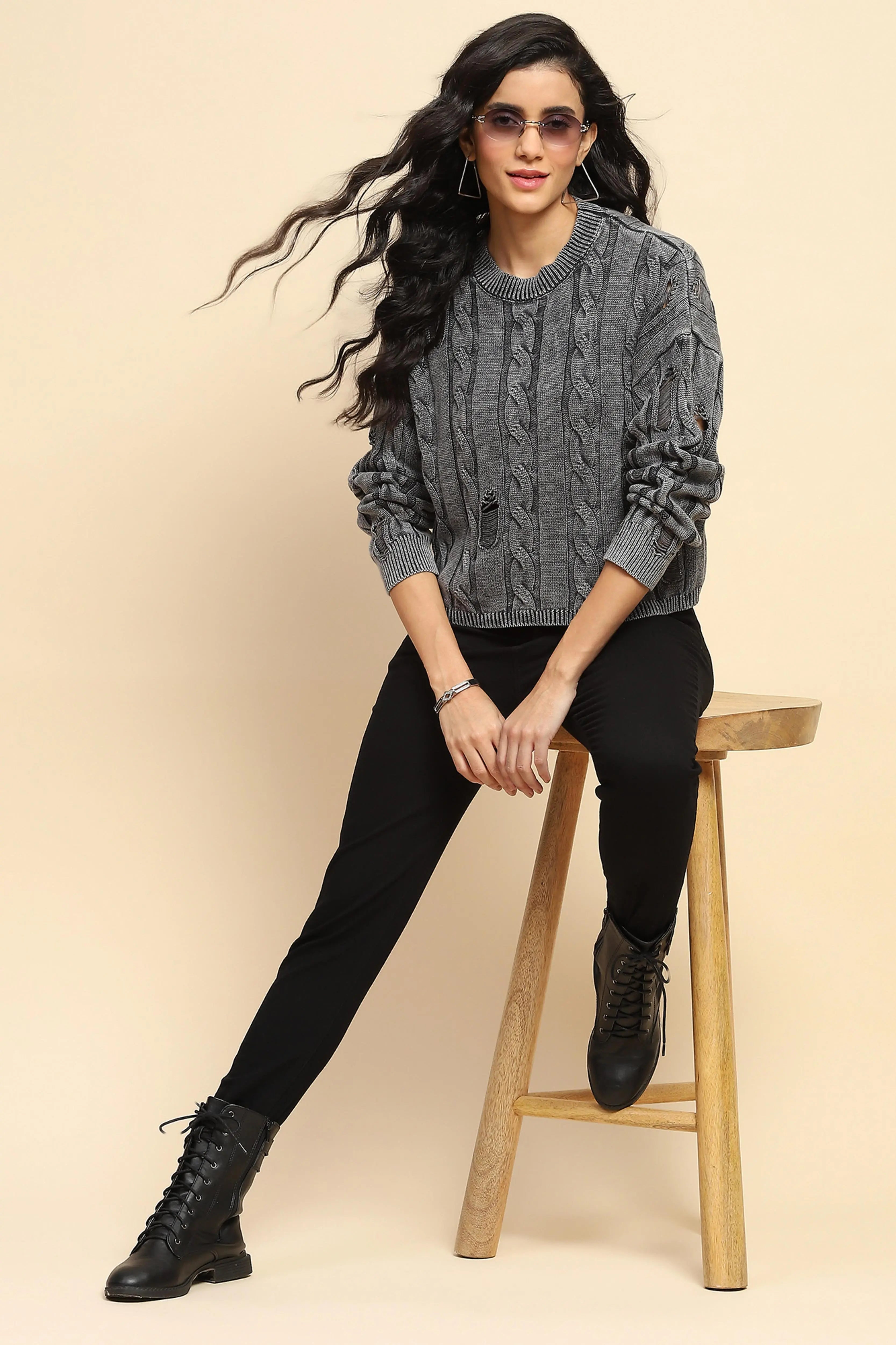 Grey Cotton Boxy Fit Pullover - Global Republic