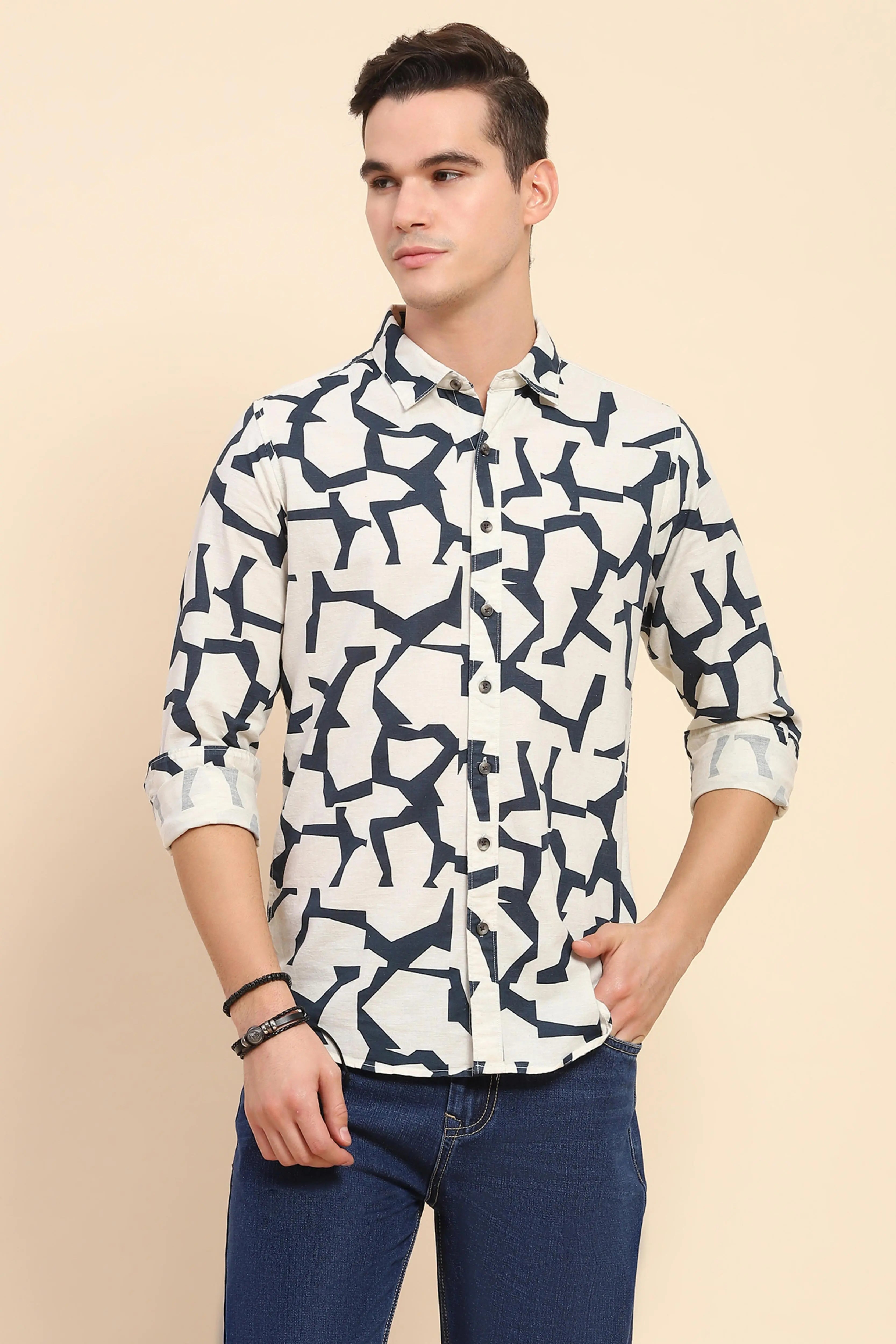 Navy Abstract Cotton Casual Shirt - Global Republic