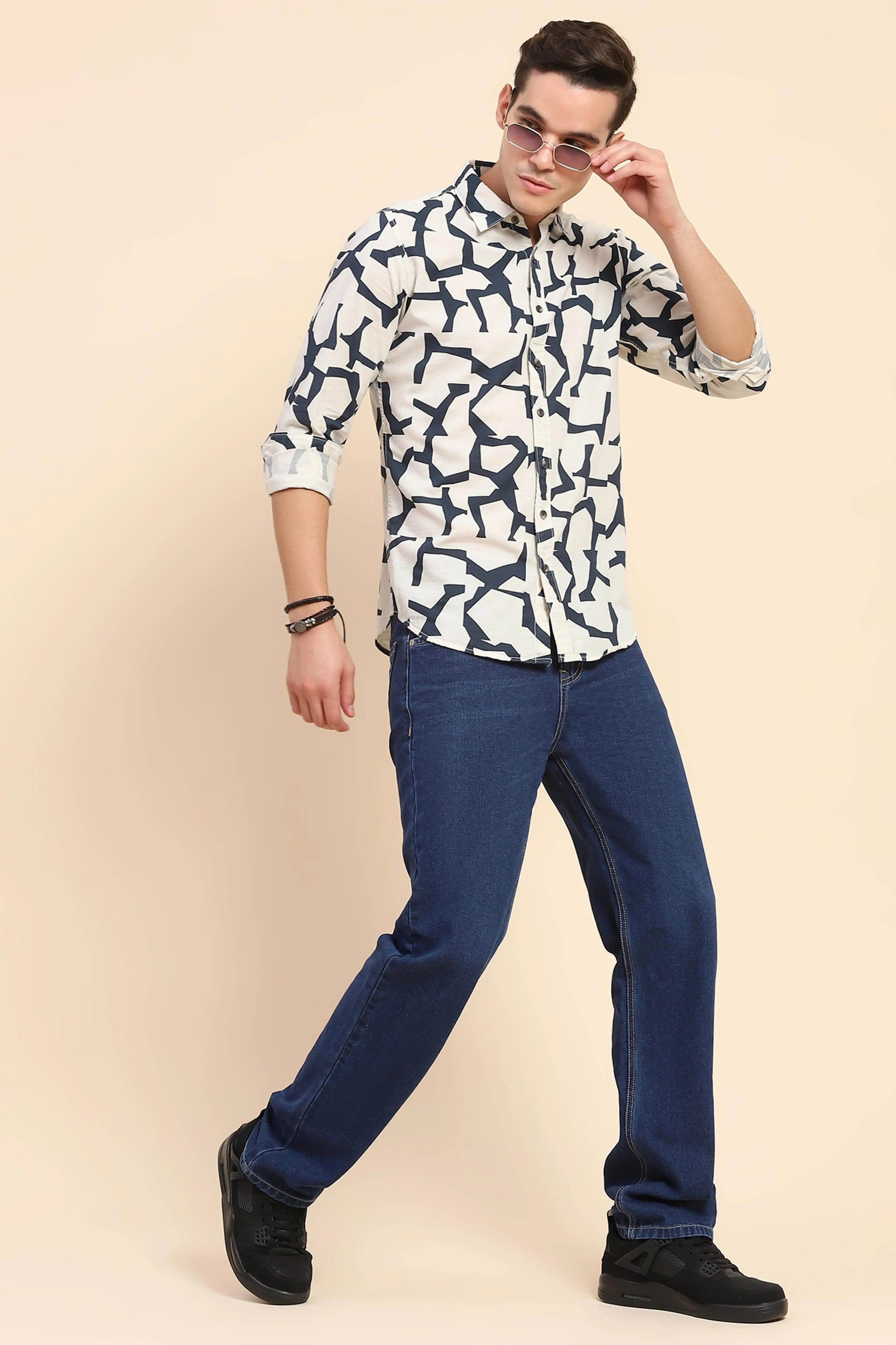Navy Abstract Cotton Casual Shirt - Global Republic
