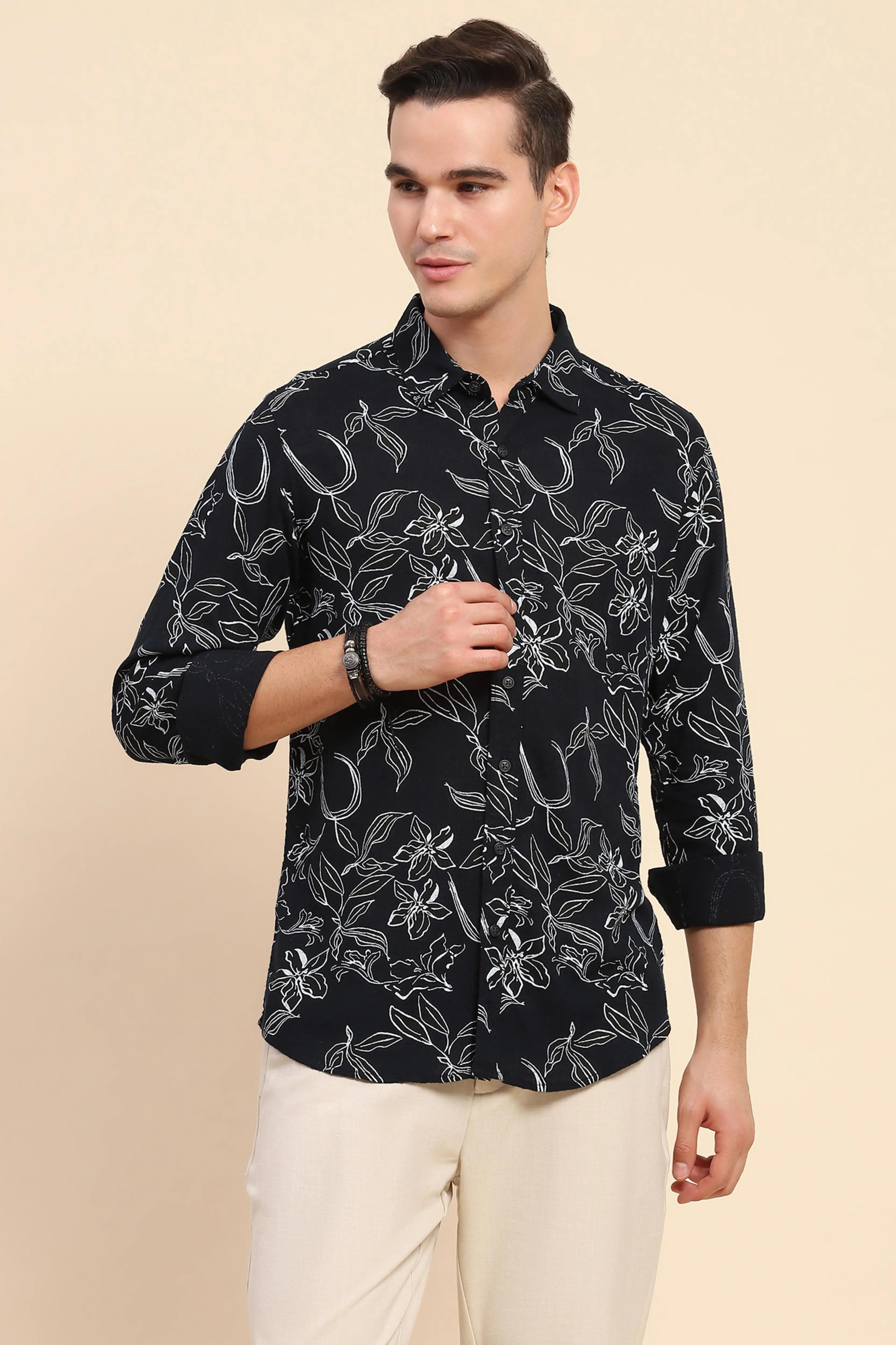 Navy Cotton Floral Casual Shirt - Global Republic