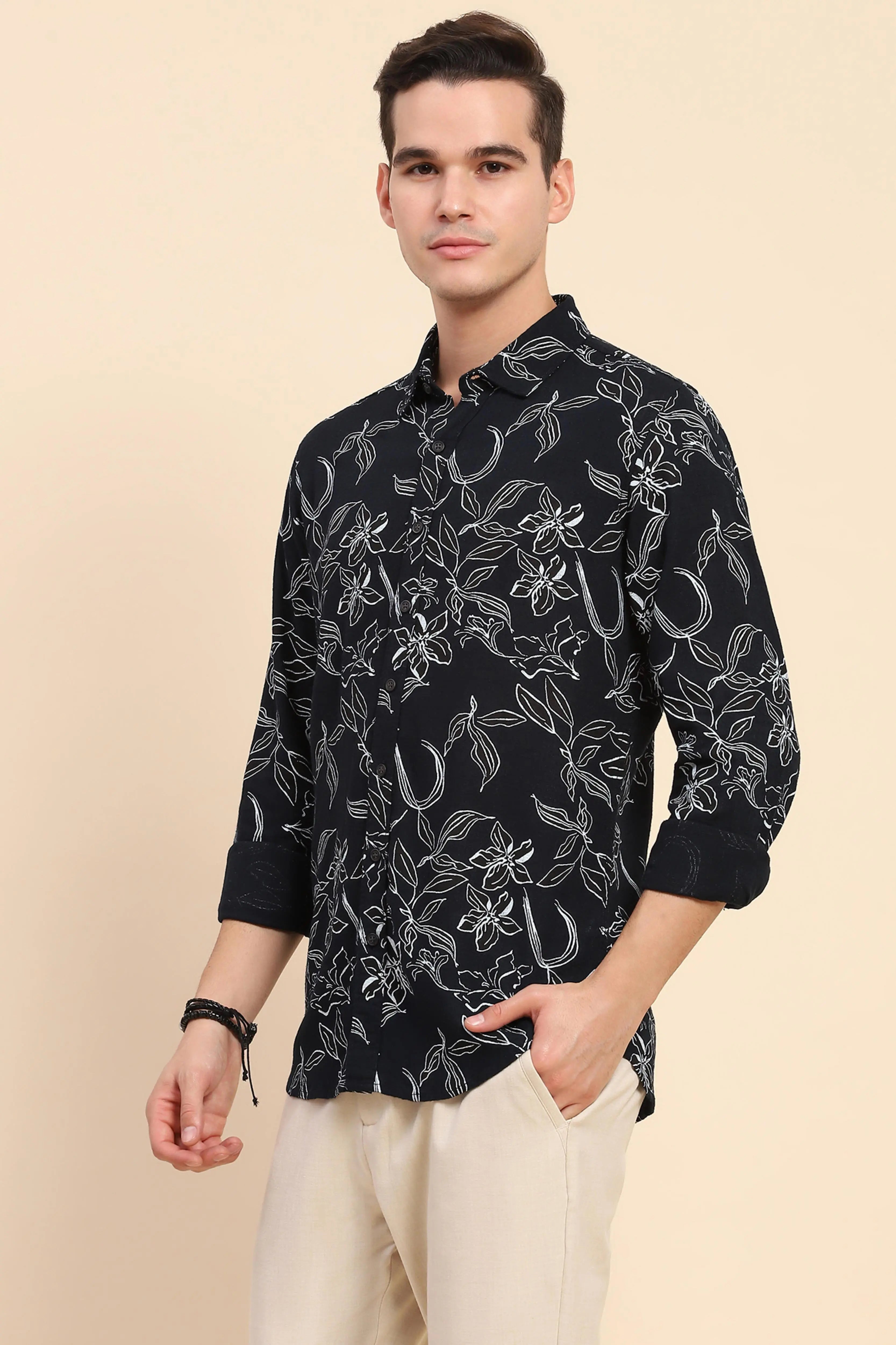 Navy Cotton Floral Casual Shirt - Global Republic