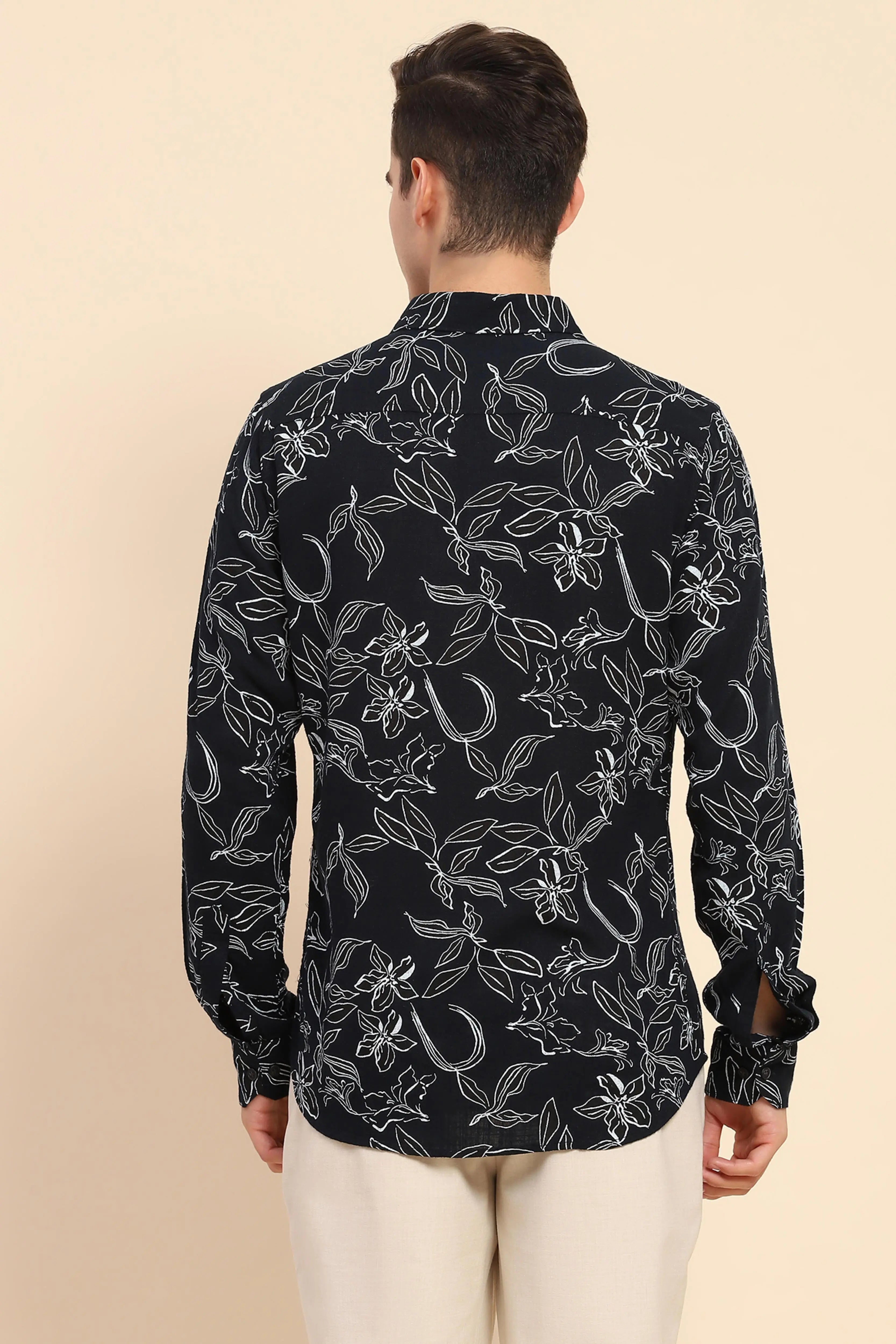Navy Cotton Floral Casual Shirt - Global Republic